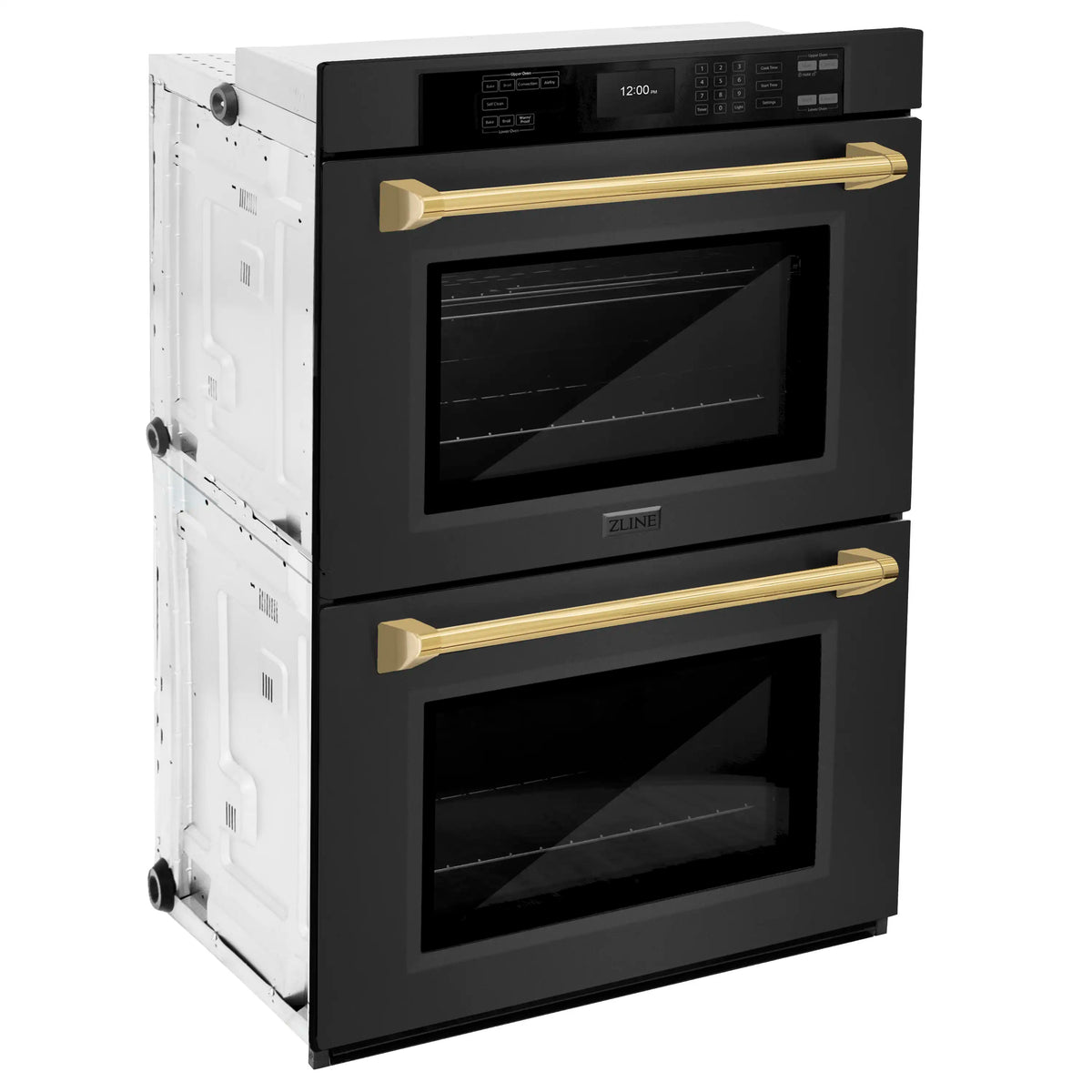 Black stainless double wall oven with side frame and two open doors