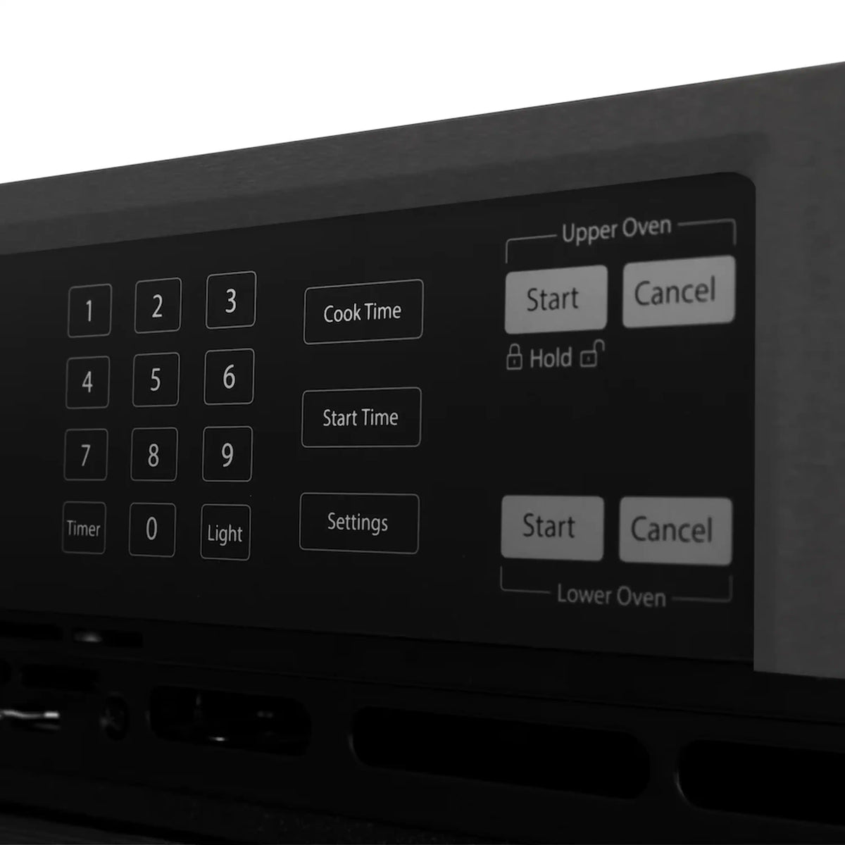 Black oven control panel with illuminated buttons and upper and lower oven labels