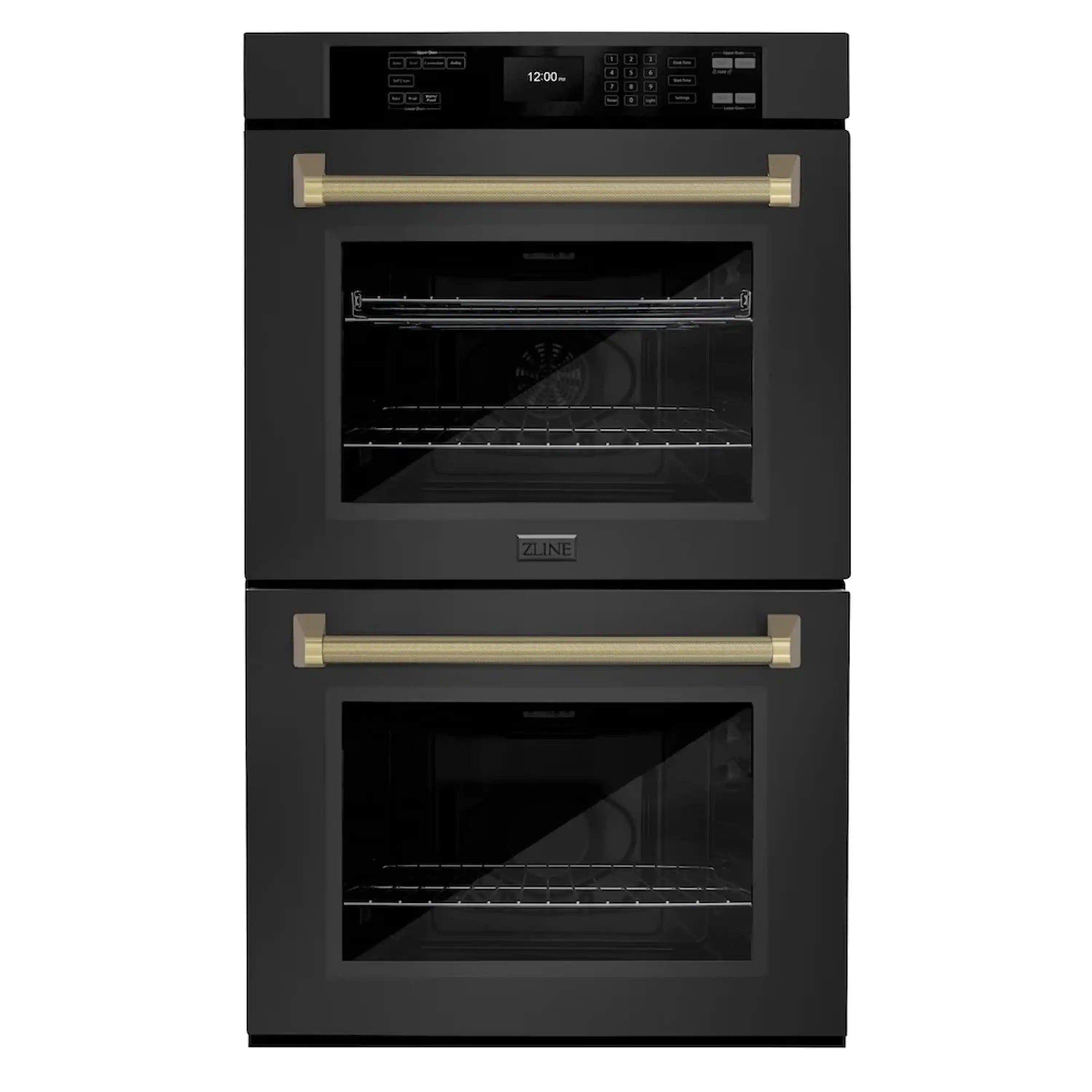 Black double wall oven with wire racks in upper and lower baking compartments