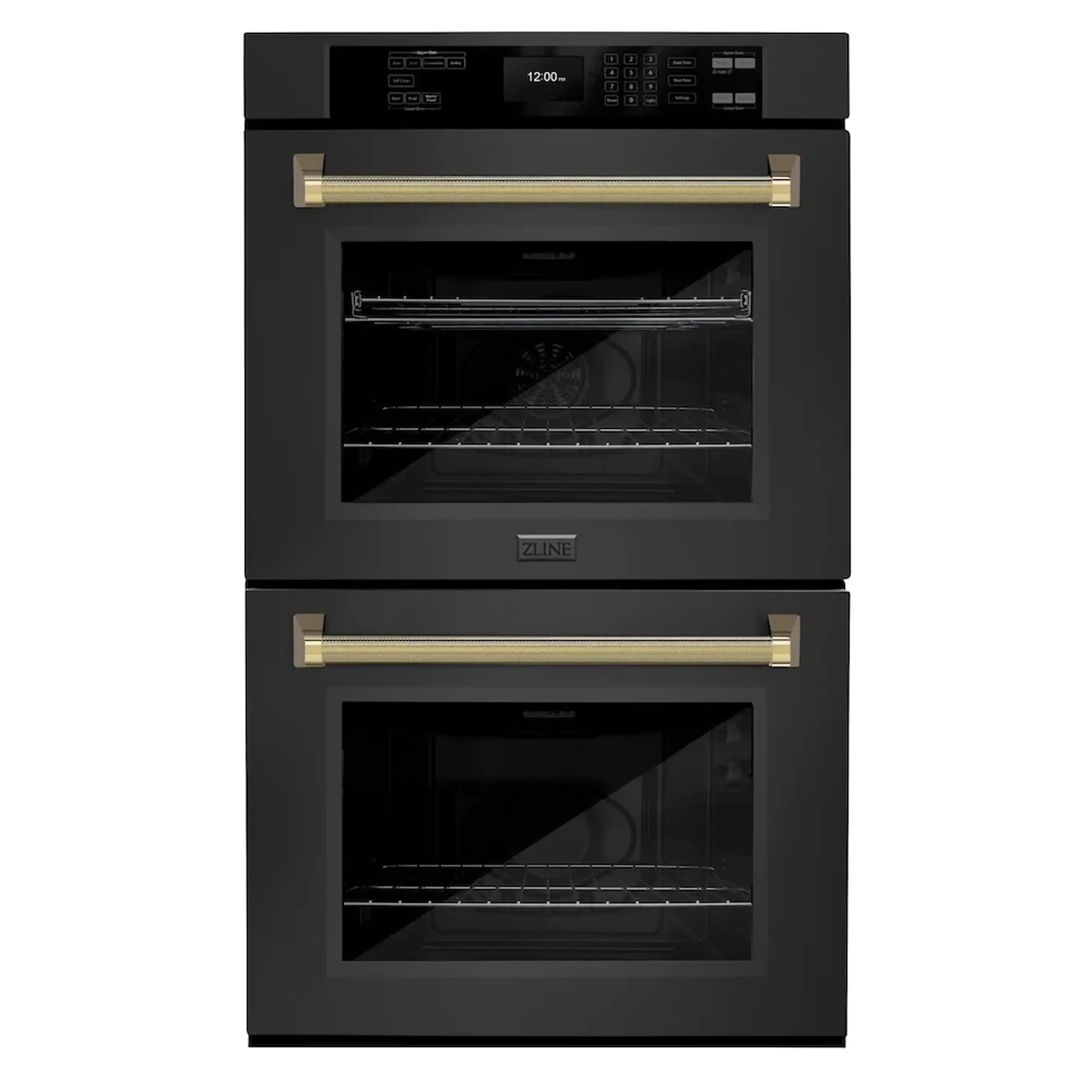 Black double wall oven with gold bar handles and wire racks visible in both cavities