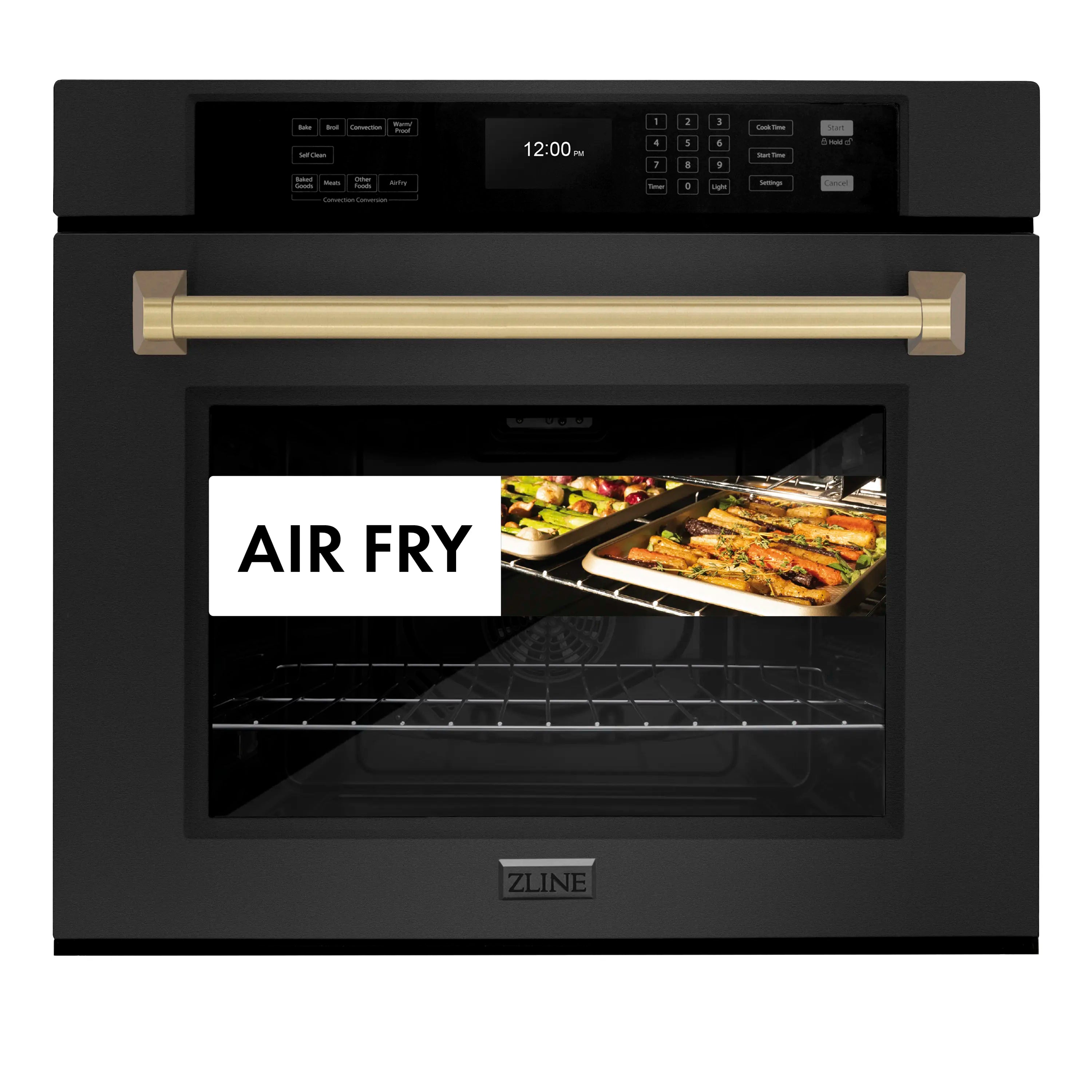 Black single wall oven with AIR FRY display and gold handle, door open