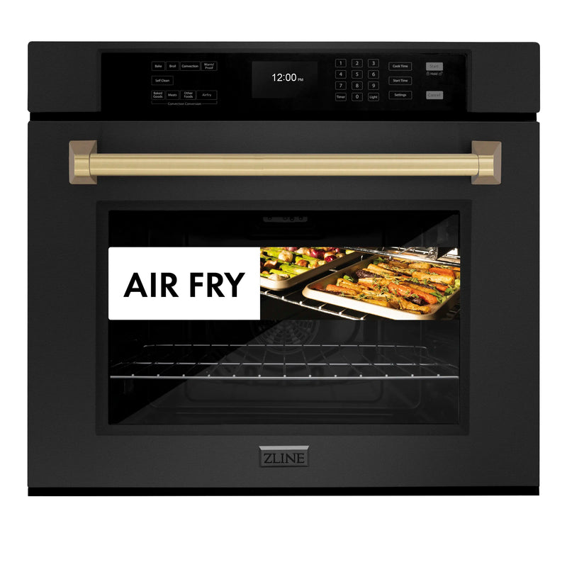 ZLINE Autograph Edition 30-Inch Professional True Convection Single Wall Oven with Air Fry and Self Clean in Black Stainless Steel with Champagne Bronze Handle (WASBZ-30-CB)