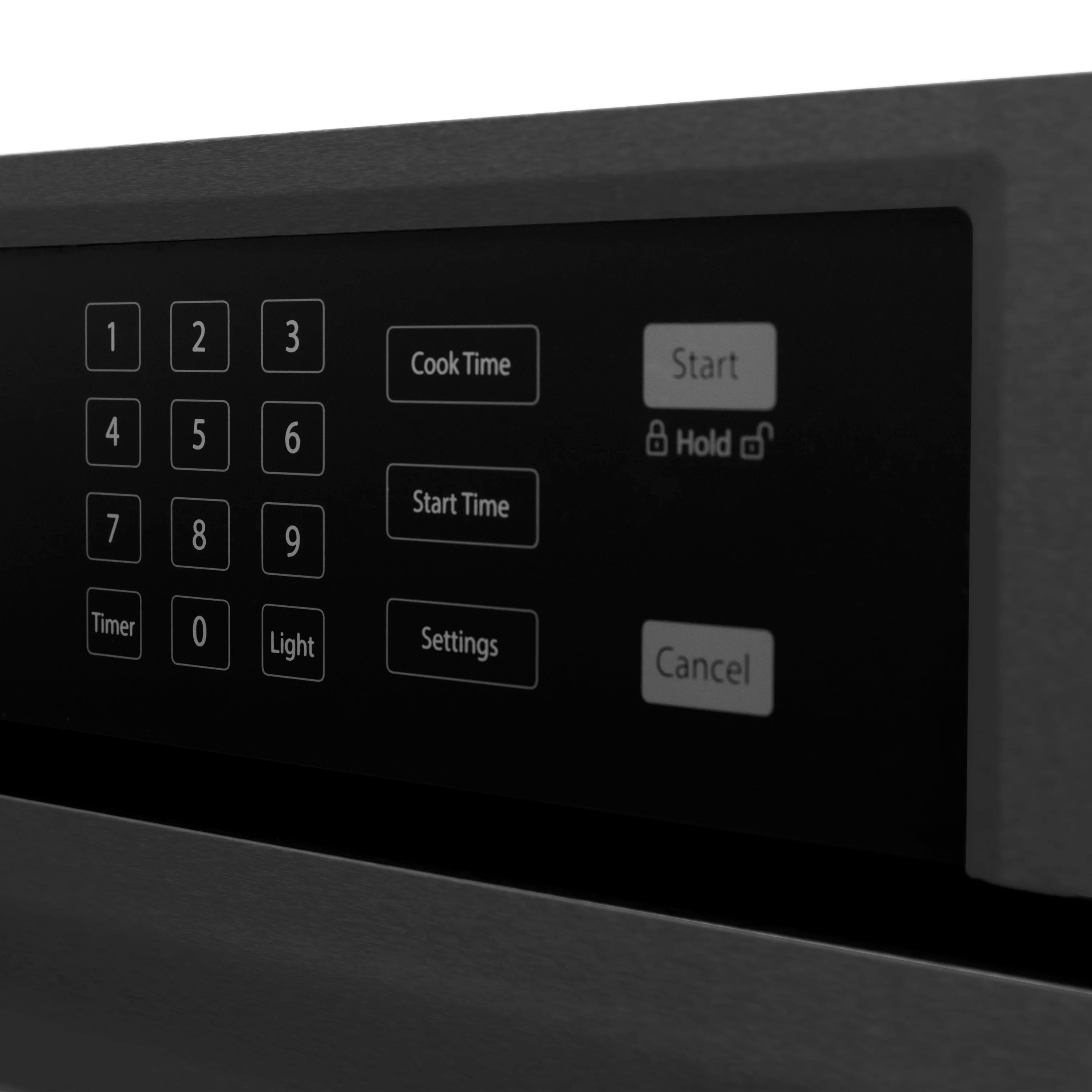 Black oven control panel with touch buttons for Cook Time, Start, Settings