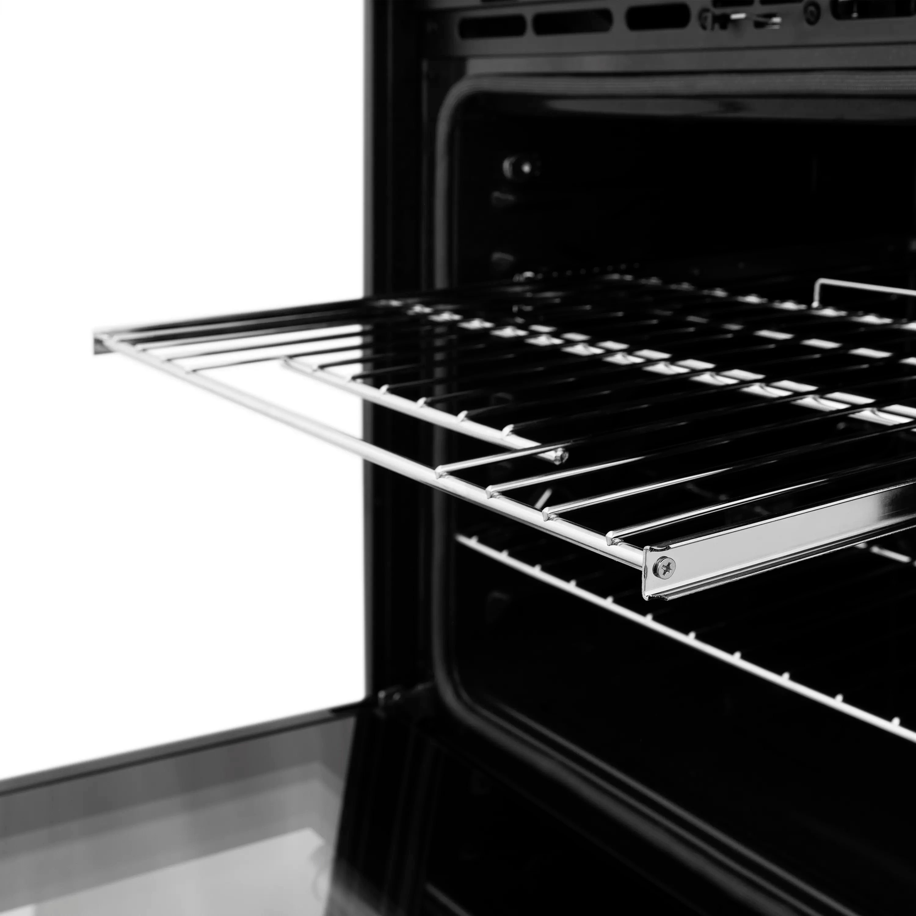 Open oven interior with chrome wire rack and side rails, close-up