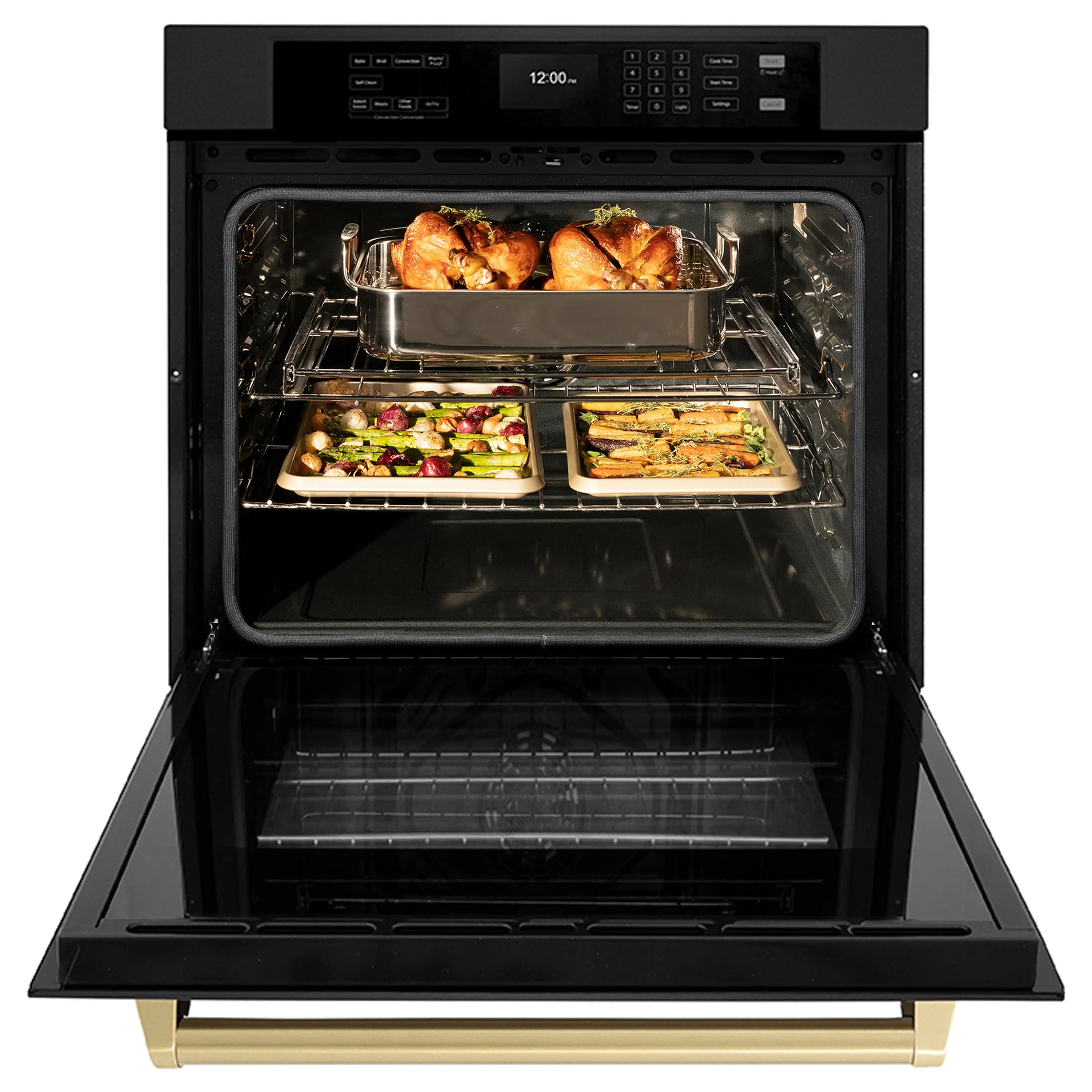 Black convection oven door open with air-fry trays and roasted chicken