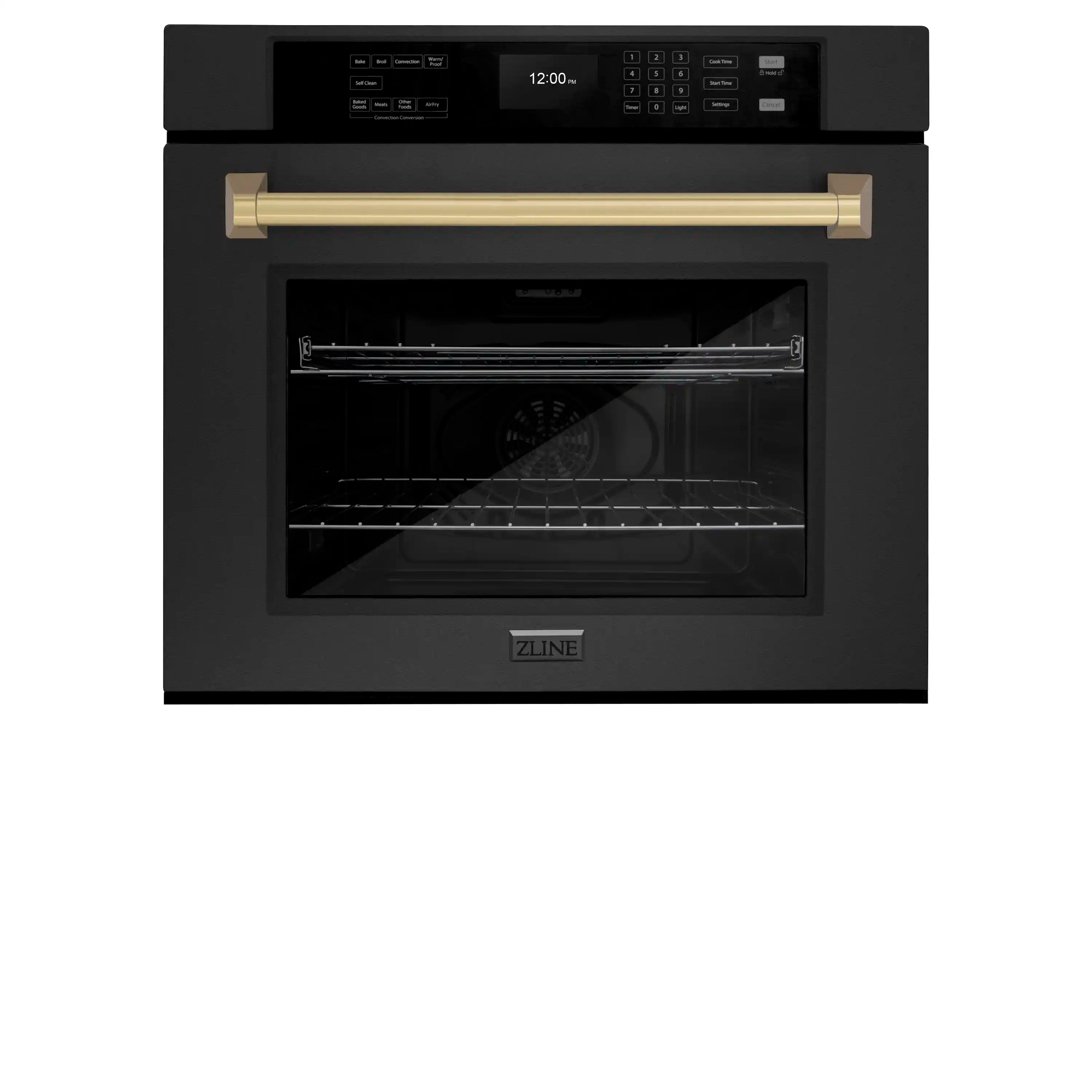 Black wall oven with door open showing racks and champagne bronze handle trim