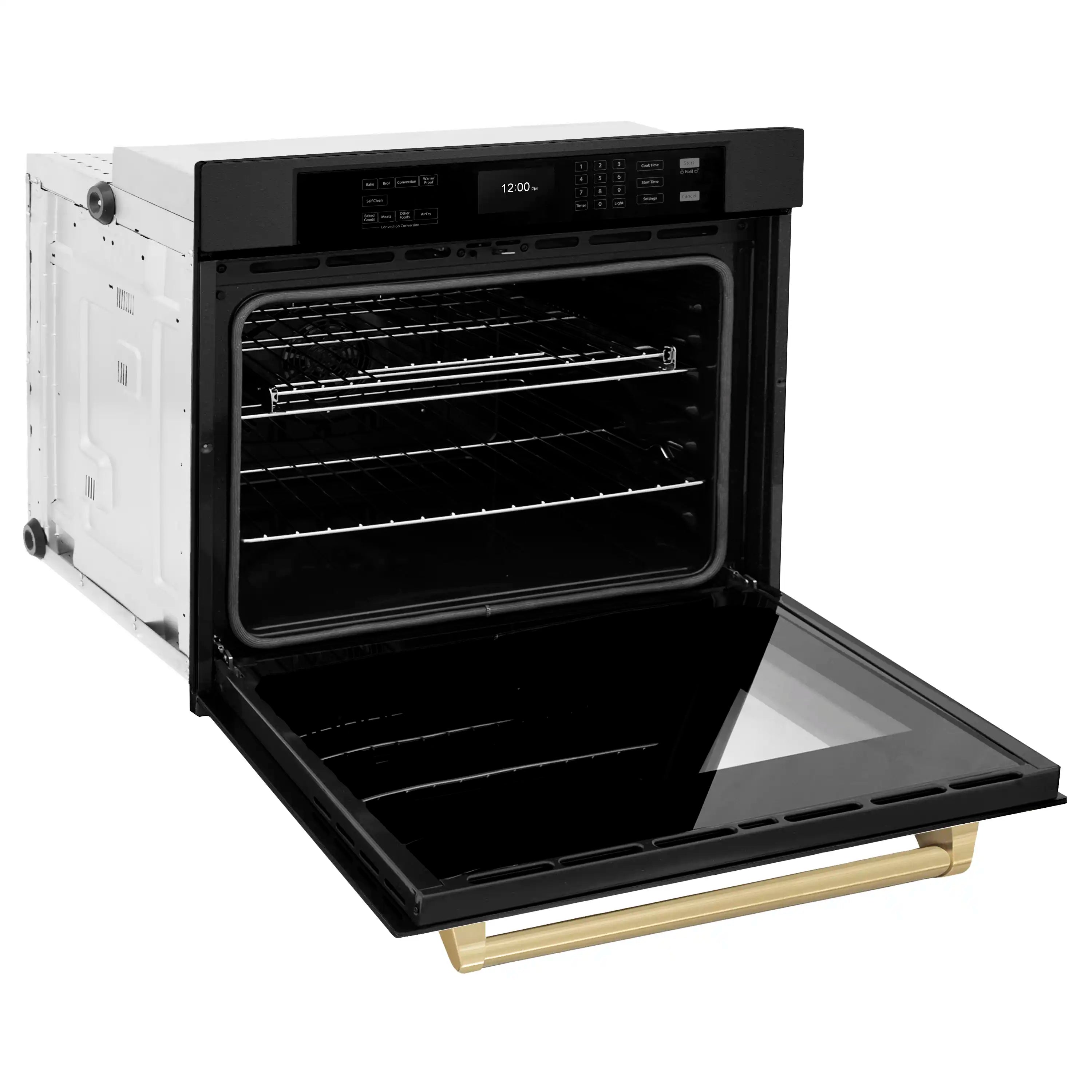Black wall oven with open door, interior racks, champagne bronze handle trim