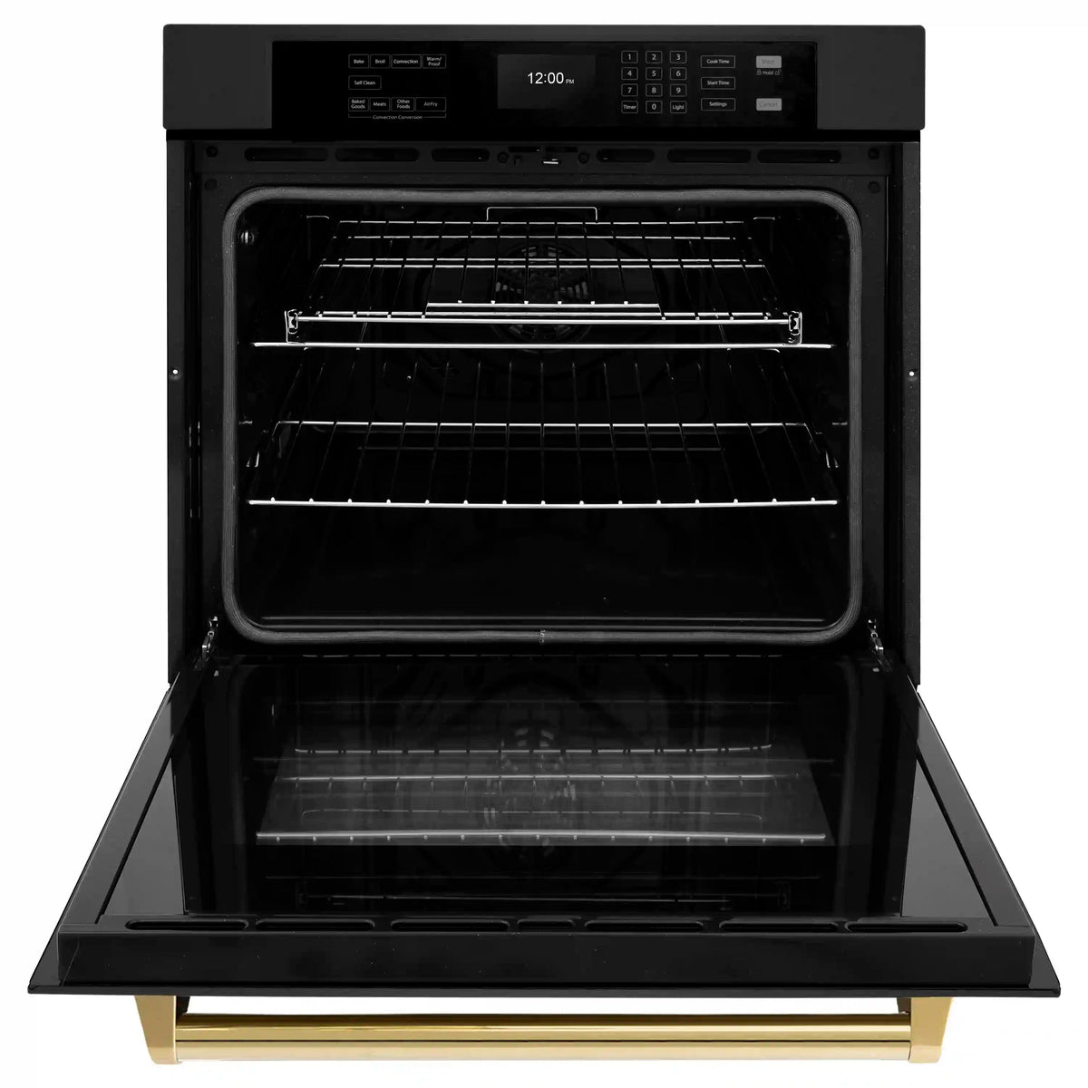 Black stainless built-in single wall oven interior with two oven racks and door open