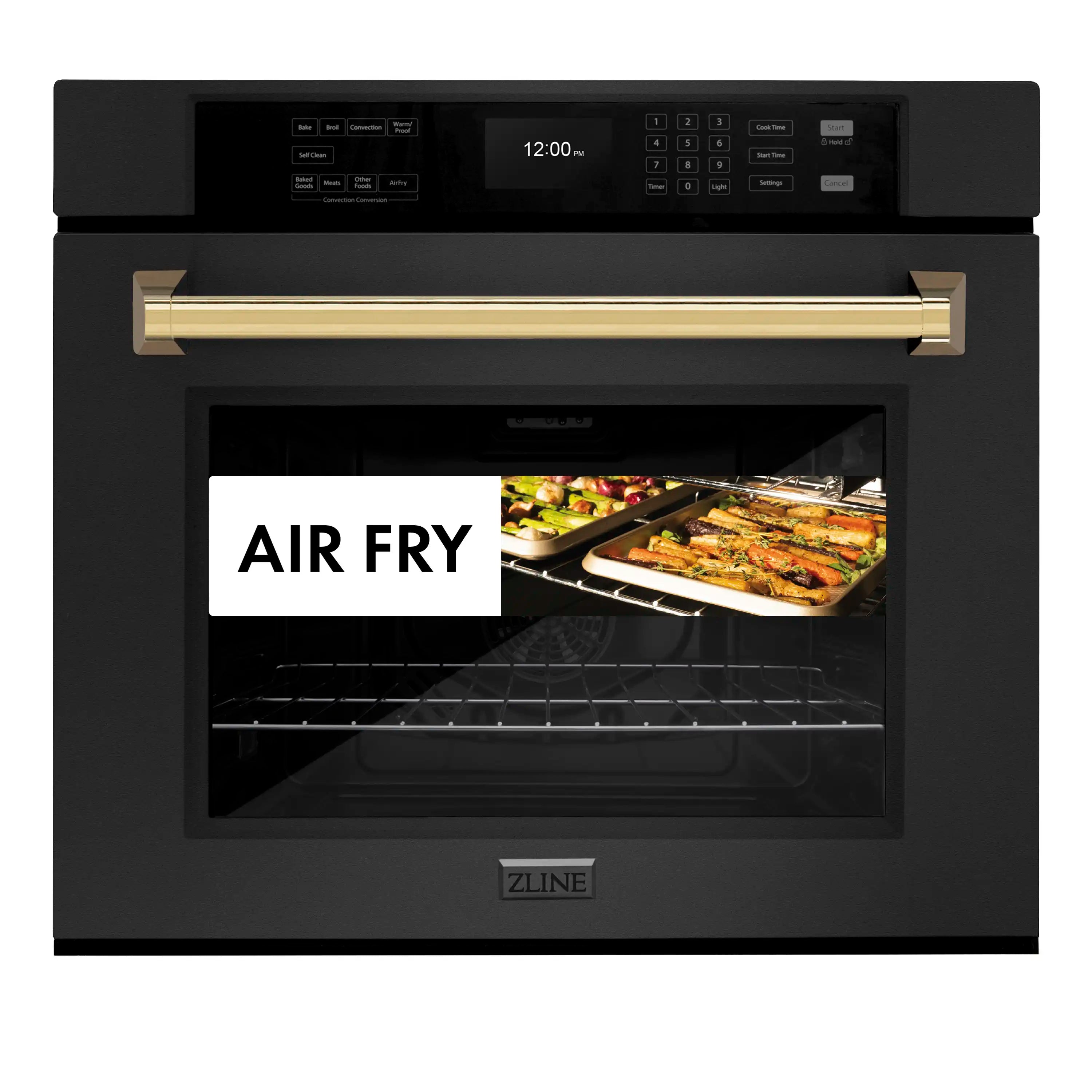 Black stainless oven with gold handle, AIR FRY mode shown in window