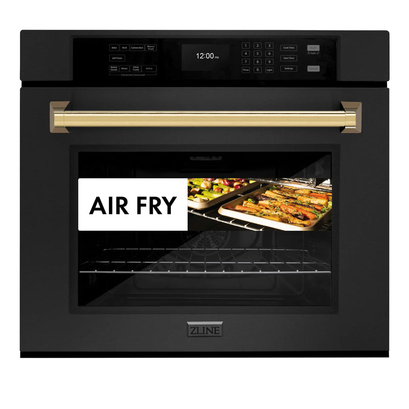 ZLINE Autograph Edition 30-Inch Professional True Convection Single Wall Oven with Air Fry and Self Clean in Black Stainless Steel with Polished Gold Handle (WASBZ-30-G)