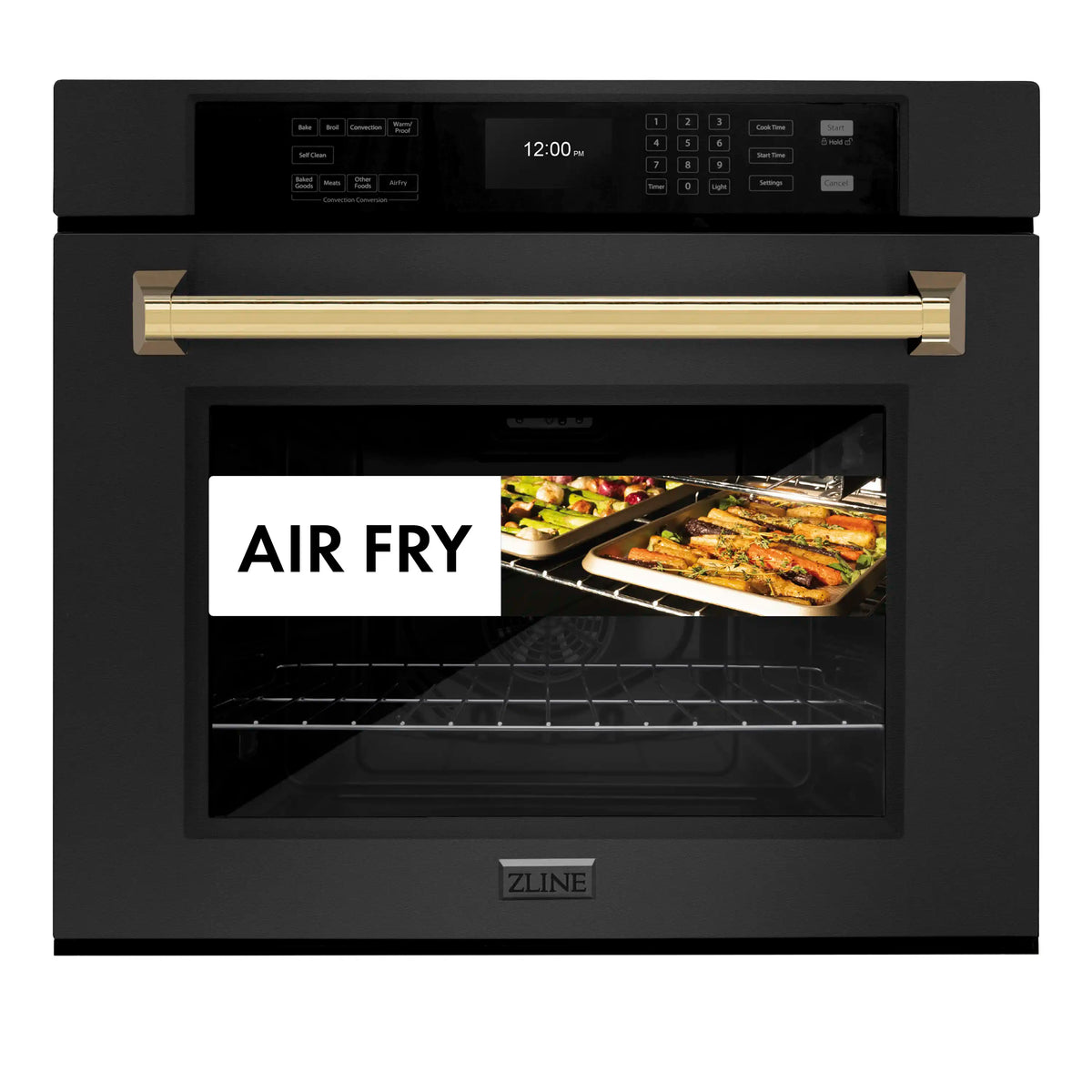 ZLINE Autograph Edition 30-Inch Professional True Convection Single Wall Oven with Air Fry and Self Clean in Black Stainless Steel with Polished Gold Handle (WASBZ-30-G)