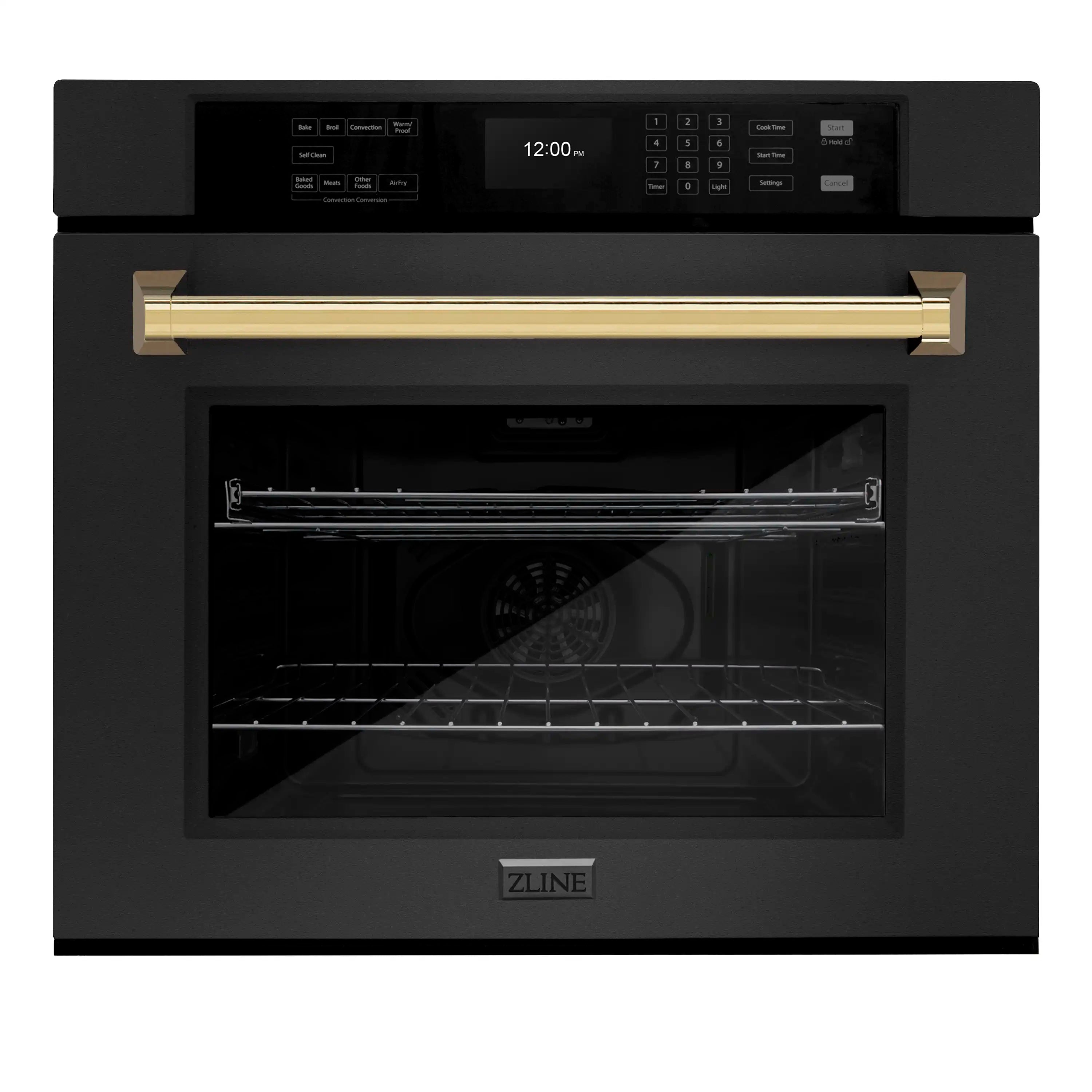 Black stainless oven with gold handle, door closed and empty racks inside