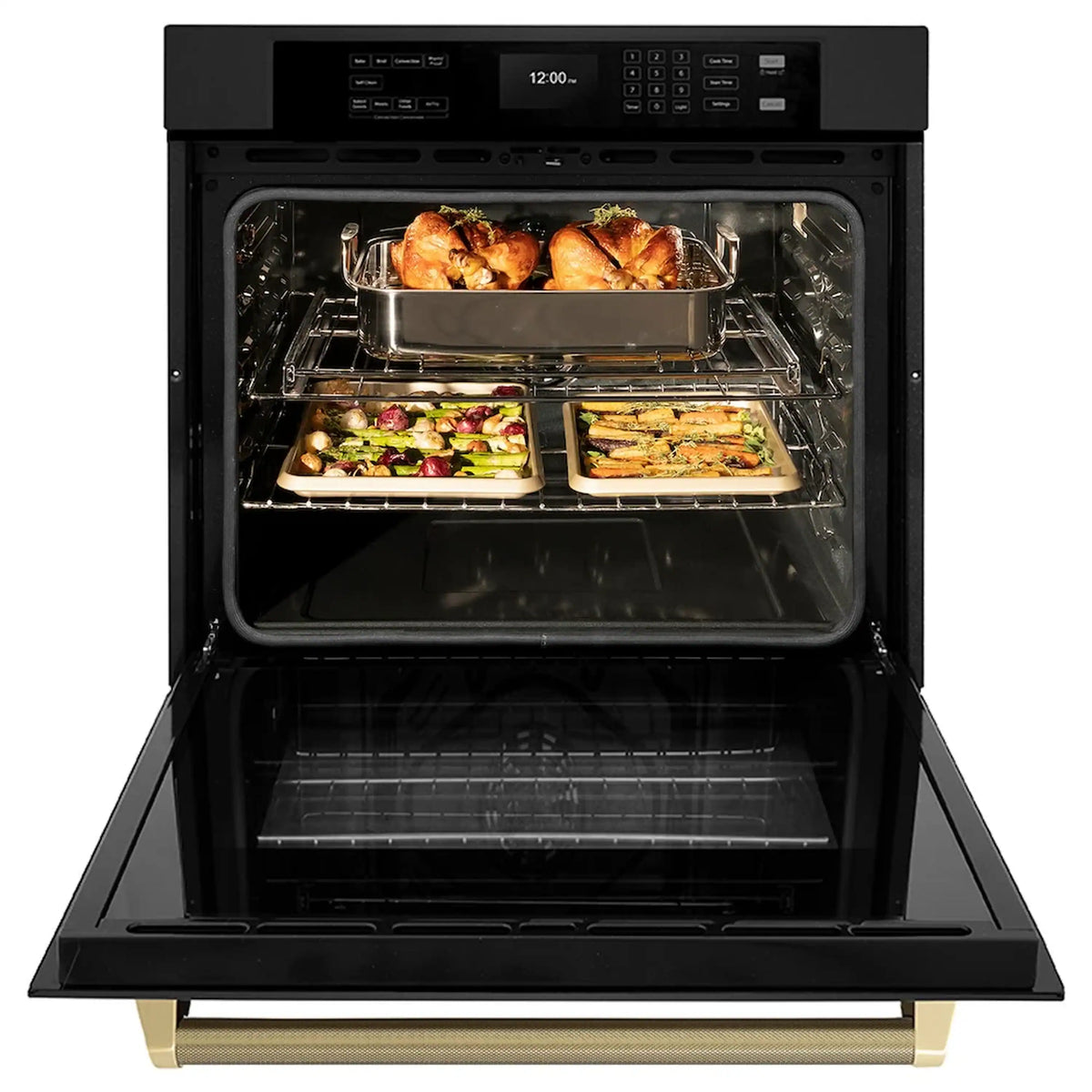 Black stainless steel single wall oven with open door showing food on racks