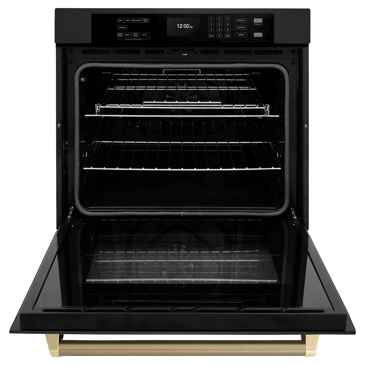 Black single wall oven with open door, interior racks, and control panel