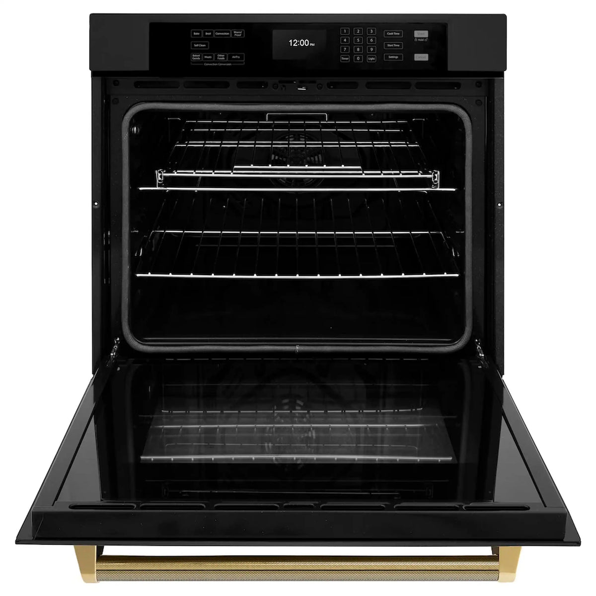 Black stainless steel oven with open door and wire racks on empty interior shelves