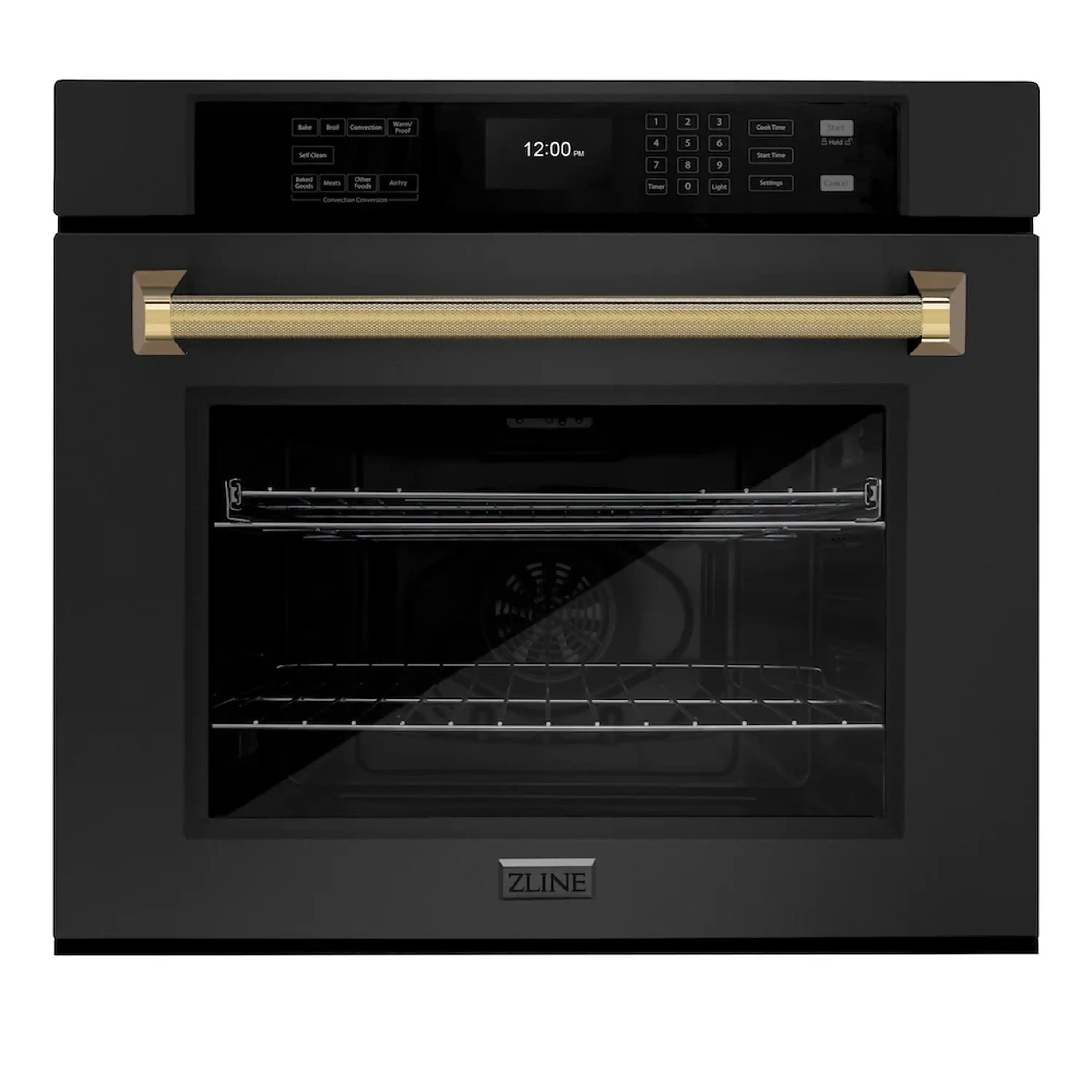 Black stainless single wall oven with open door and wire rack in interior