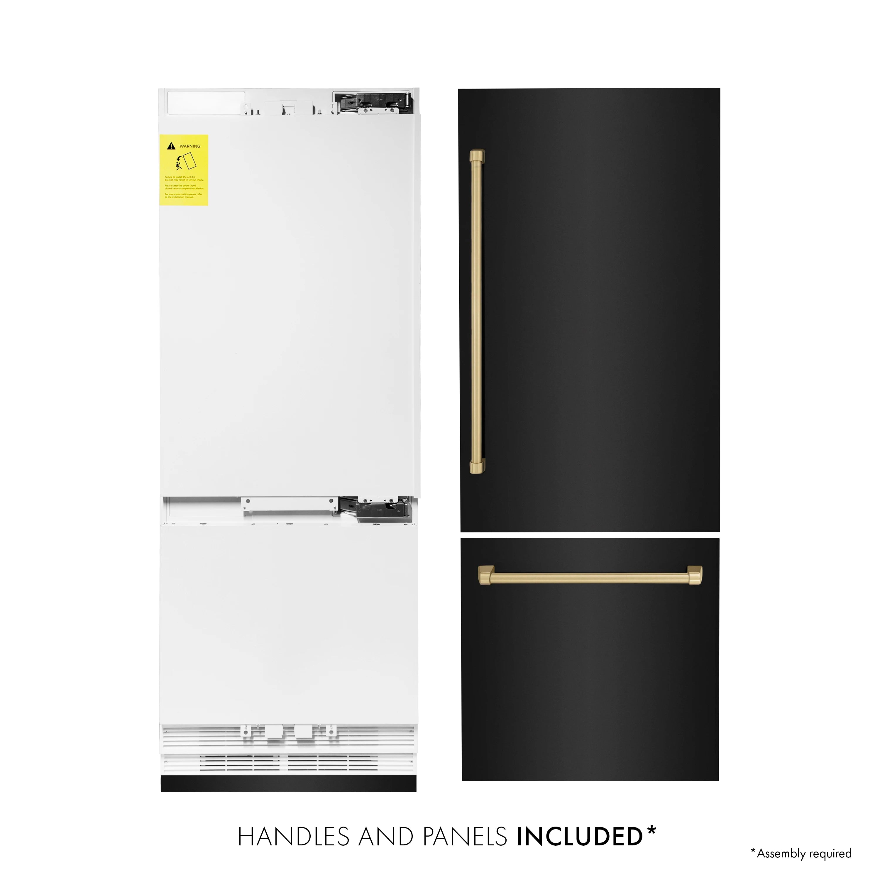 Black stainless refrigerator with included handles and panels visible, side-by-side view
