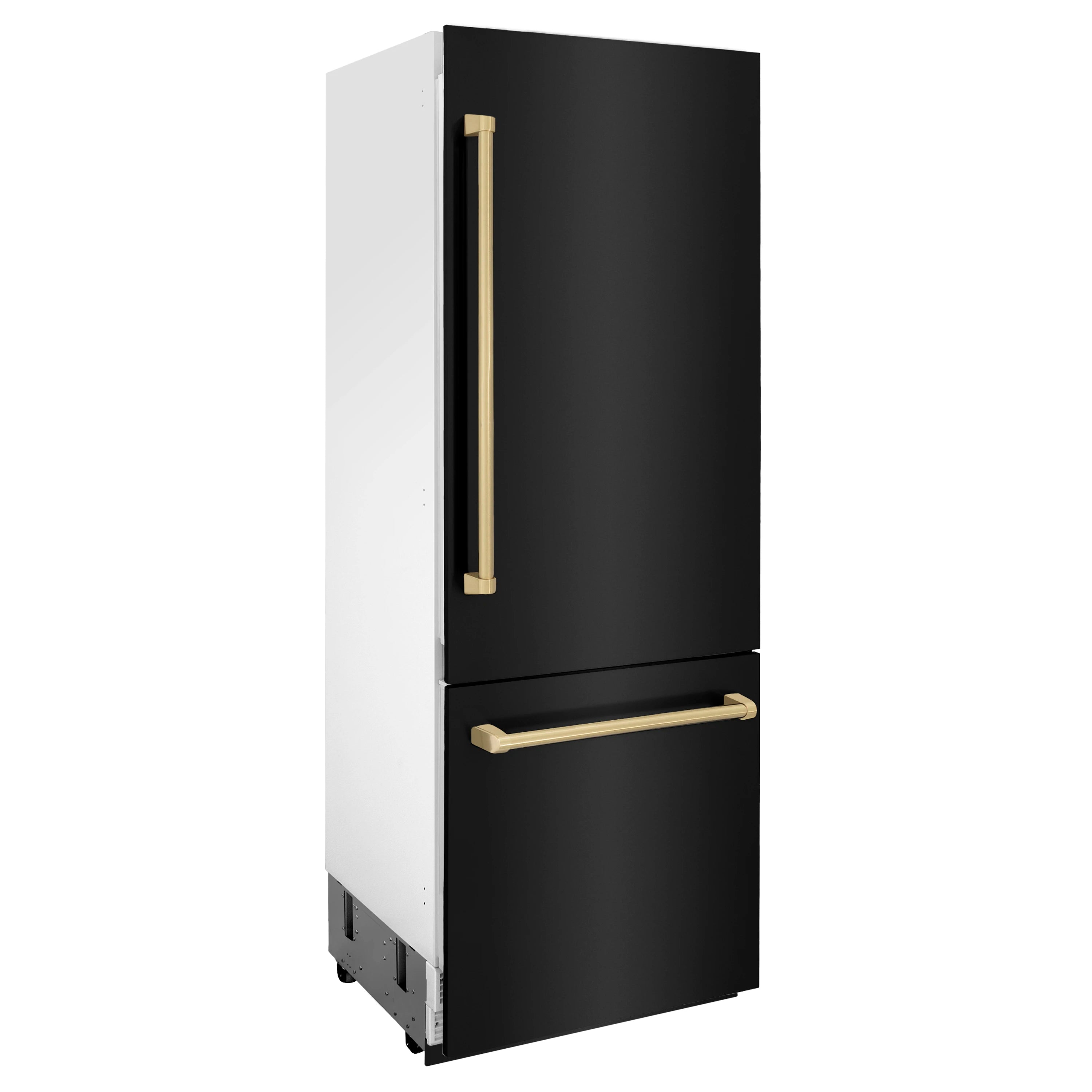Black bottom freezer refrigerator door with champagne bronze vertical and bar handles