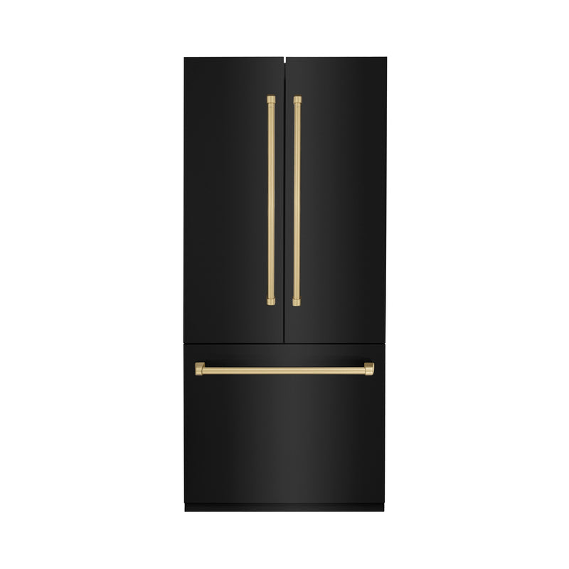 ZLINE 36-Inch Autograph Edition 19.6 cu. ft. Built-in 3-Door French Door Refrigerator with Internal Water and Ice Dispenser in Black Stainless Steel with Champagne Bronze Accents (RBIVZ-BS-36-CB)