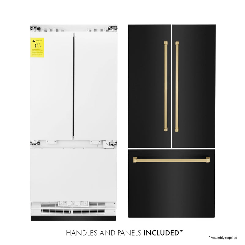 ZLINE 36-Inch Autograph Edition 19.6 cu. ft. Built-in 3-Door French Door Refrigerator with Internal Water and Ice Dispenser in Black Stainless Steel with Champagne Bronze Accents (RBIVZ-BS-36-CB)