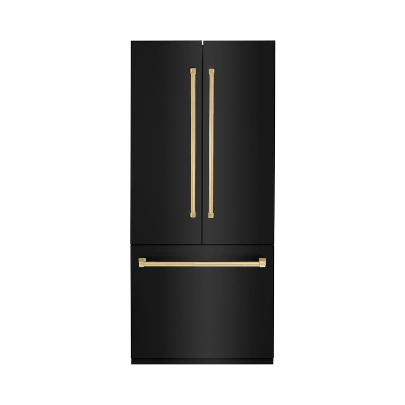 ZLINE 36-Inch Autograph Edition 19.6 cu. ft. Built-in 2-Door Bottom Freezer Refrigerator with Internal Water and Ice Dispenser in Black Stainless Steel with Gold Accents (RBIVZ-BS-36-G)