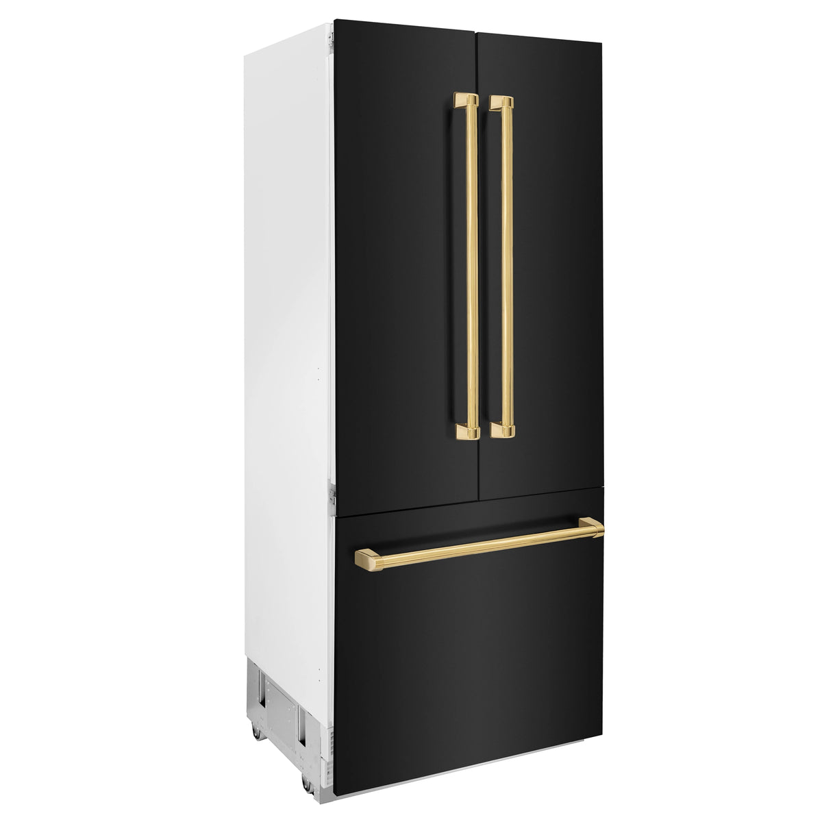 Black stainless refrigerator with two doors and gold vertical bar handles