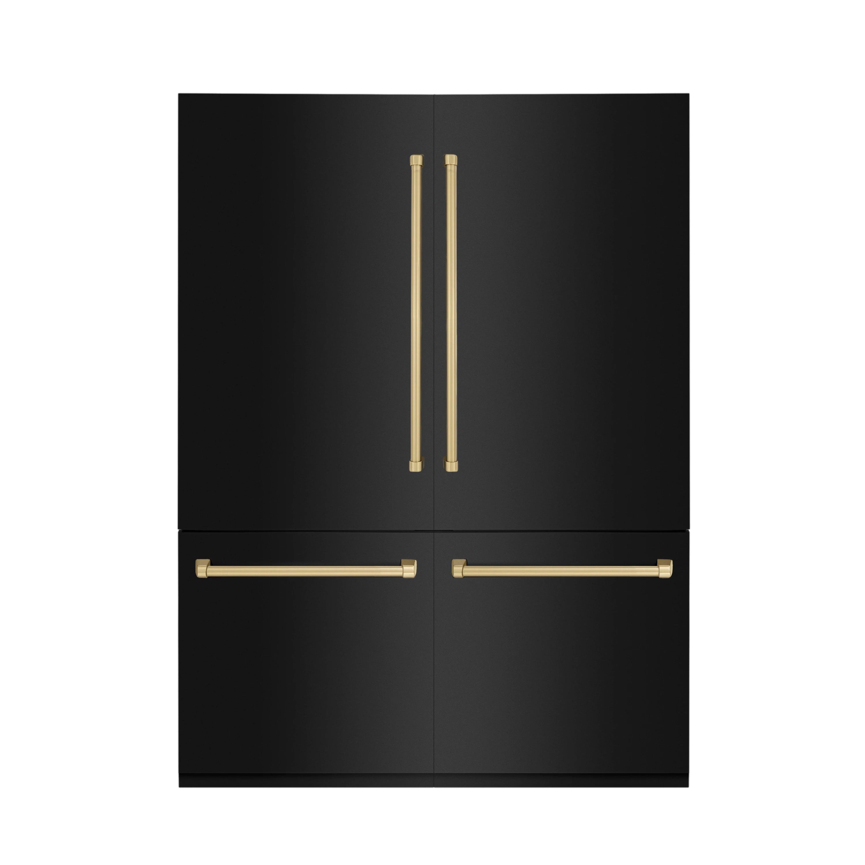 Black stainless refrigerator with champagne bronze handles and dual lower drawers