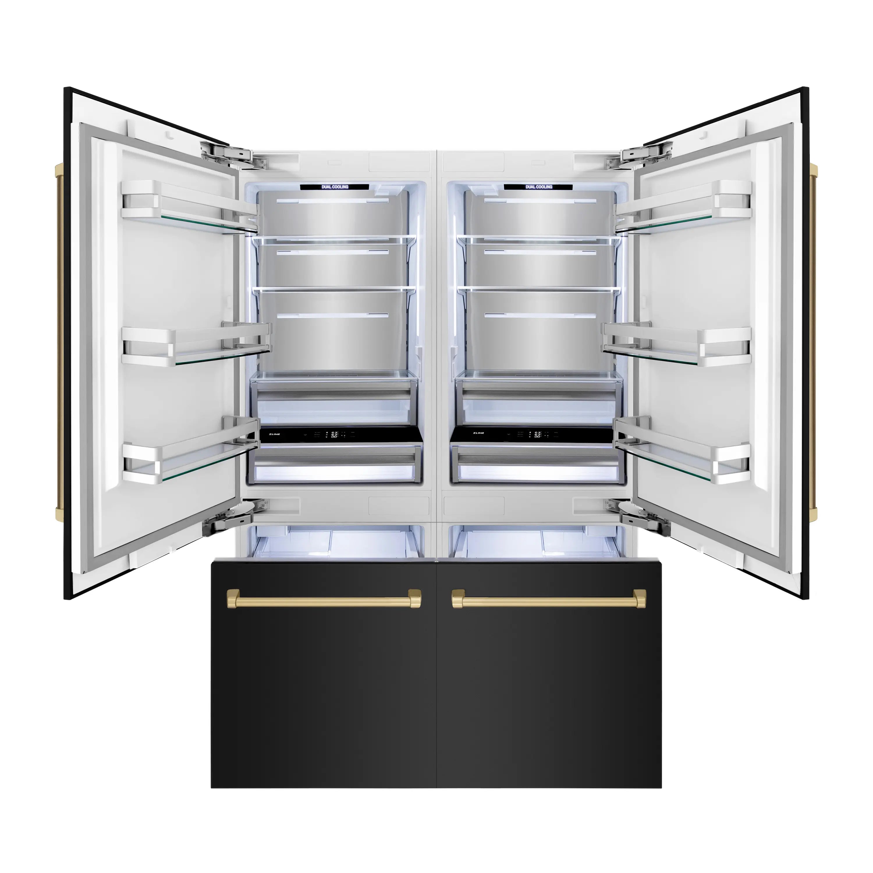 4-door French door refrigerator with open doors, internal shelves, and bronze handles