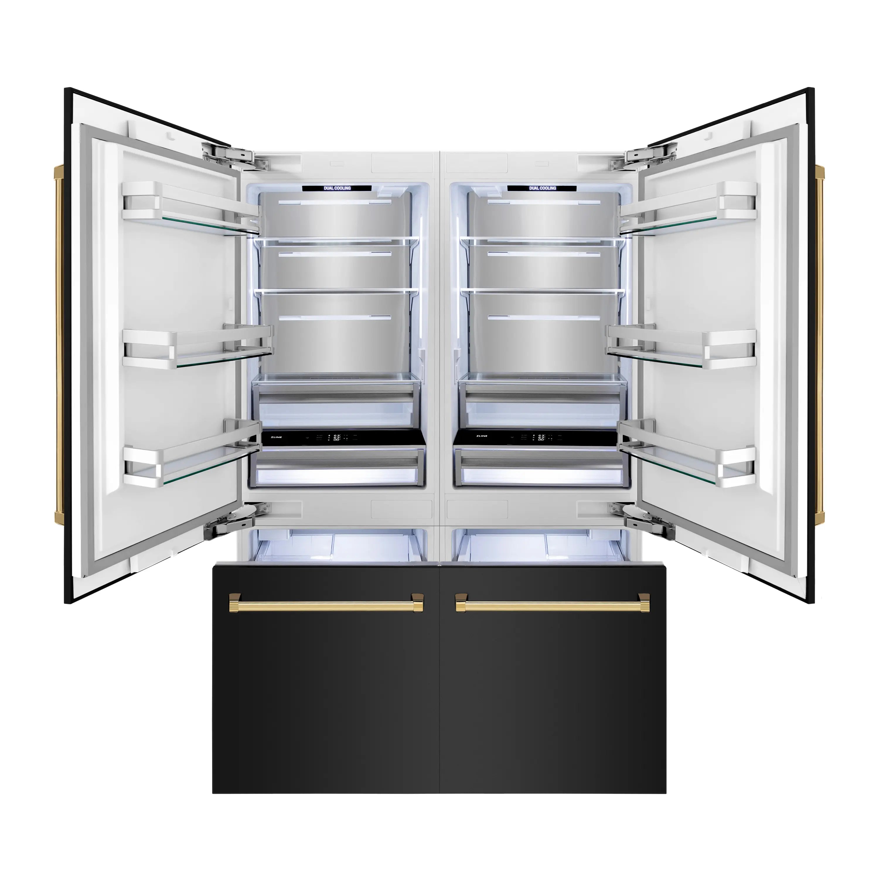 4-door French door refrigerator with black stainless interior and gold accent trim, open