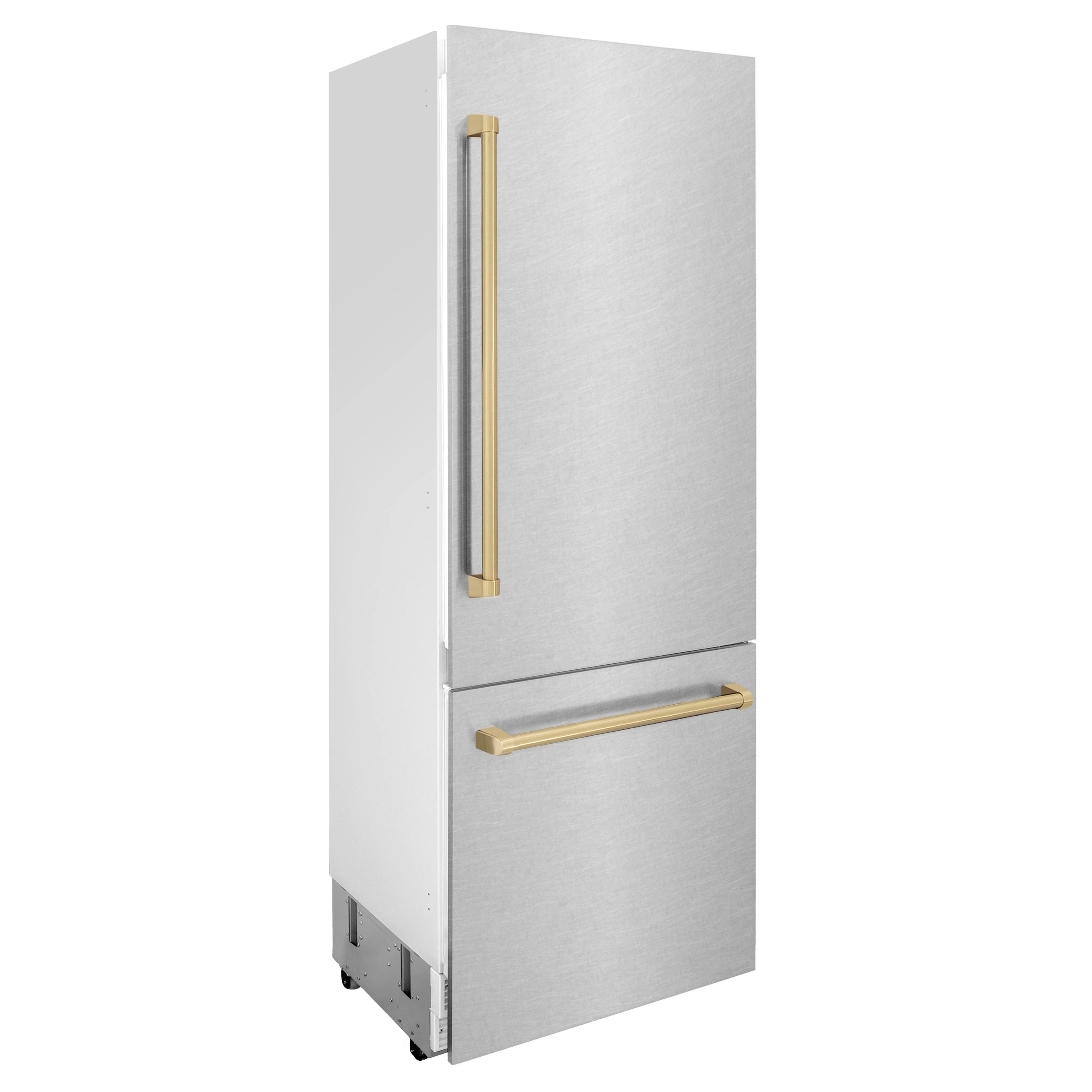 Stainless steel bottom-freezer refrigerator with champagne bronze handles and dispenser