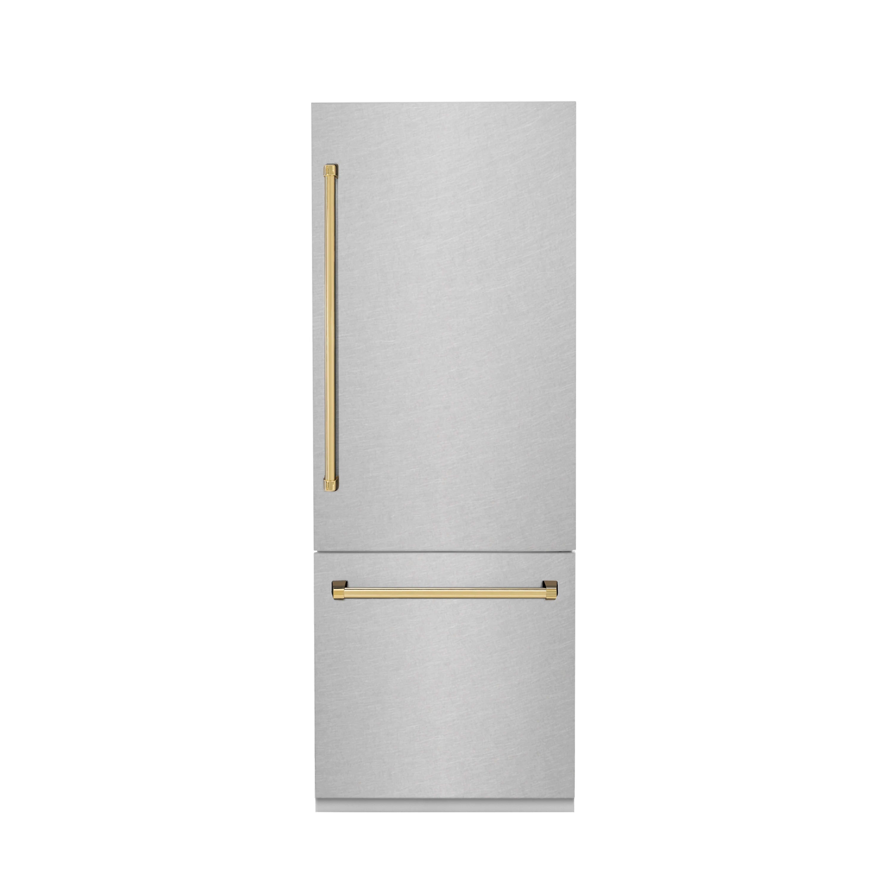 Stainless steel bottom freezer refrigerator doors with gold-accent handles
