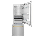 ZLINE 30-Inch Autograph Edition 16.1 cu. ft. Built-in 2-Door Bottom Freezer Refrigerator with Internal Water and Ice Dispenser in Fingerprint Resistant Stainless Steel with Gold Accents (RBIVZ-SN-30-G)