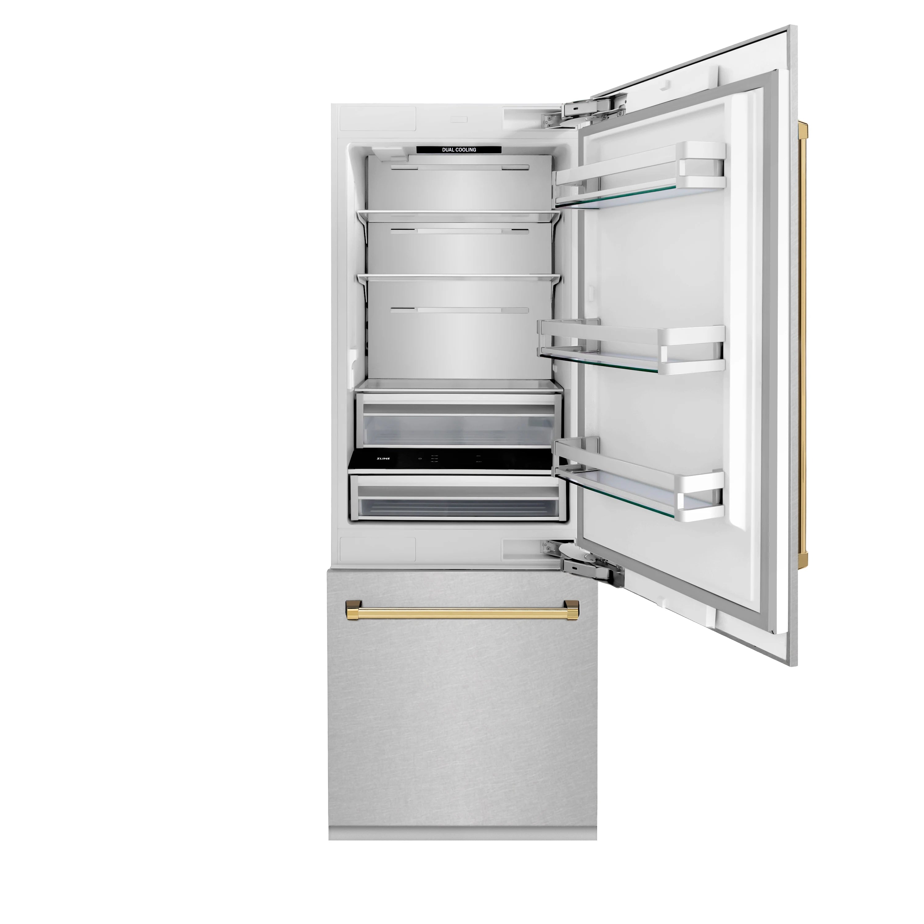 Refrigerator with bottom freezer open, showing shelves, drawers, and glass bins