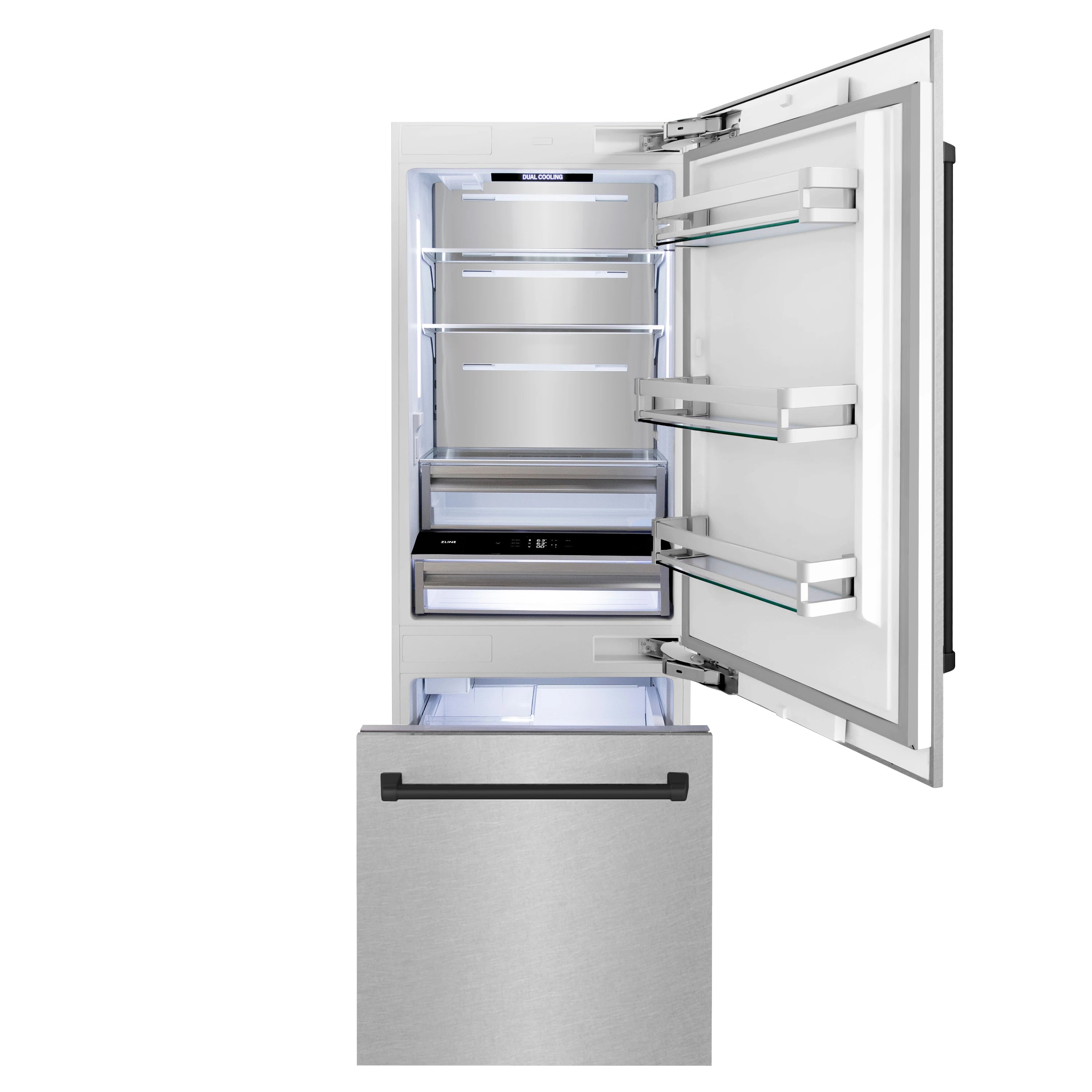 Stainless steel refrigerator with open doors and interior shelves lit