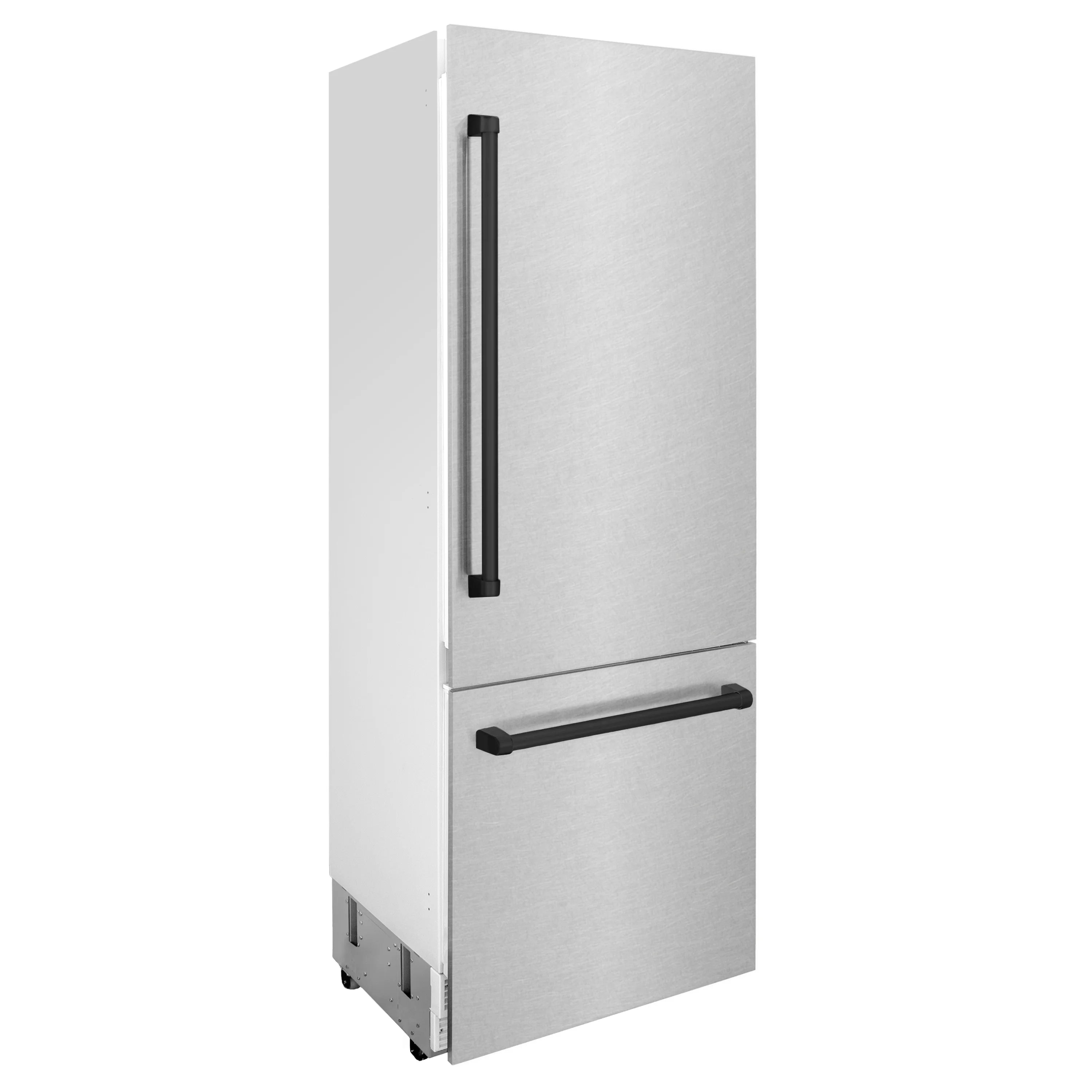 Stainless steel bottom freezer refrigerator with matte black door handle