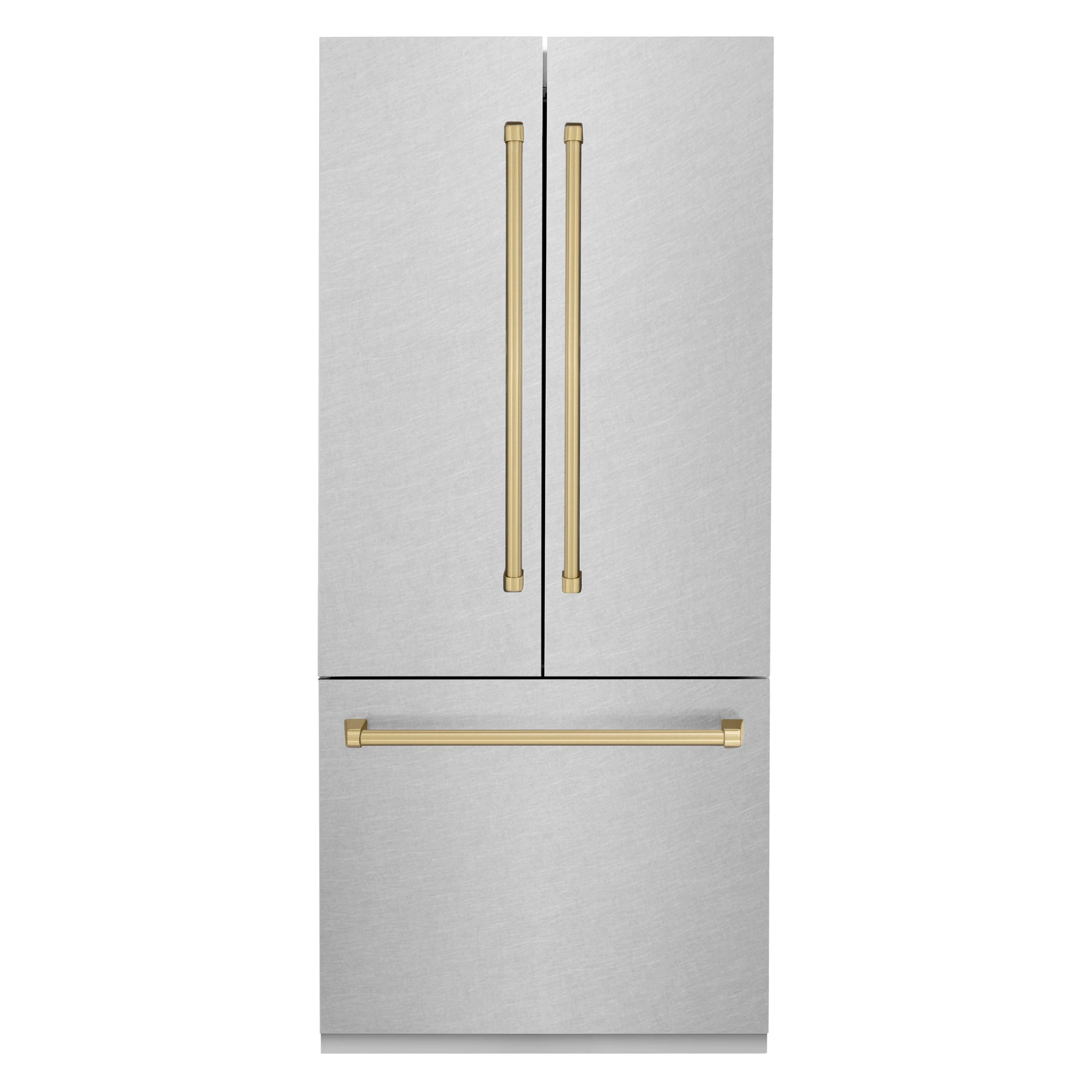Satin stainless refrigerator with champagne bronze handle and trim accents