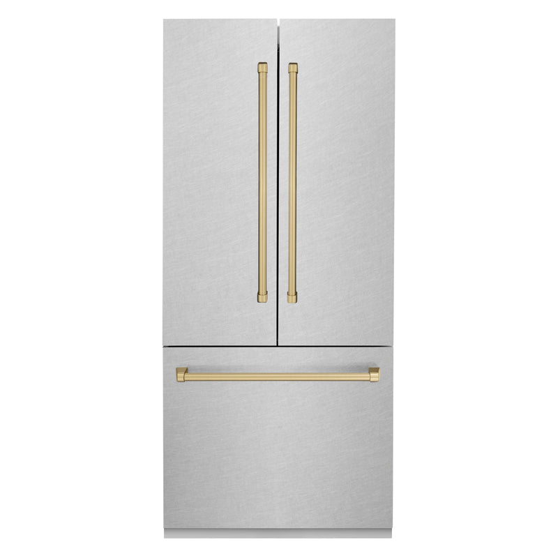 ZLINE 36-Inch Autograph Edition 19.6 cu. ft. Built-in 2-Door Bottom Freezer Refrigerator with Internal Water and Ice Dispenser in DuraSnow Stainless Steel with Champagne Bronze Accents (RBIVZ-SN-36-CB)