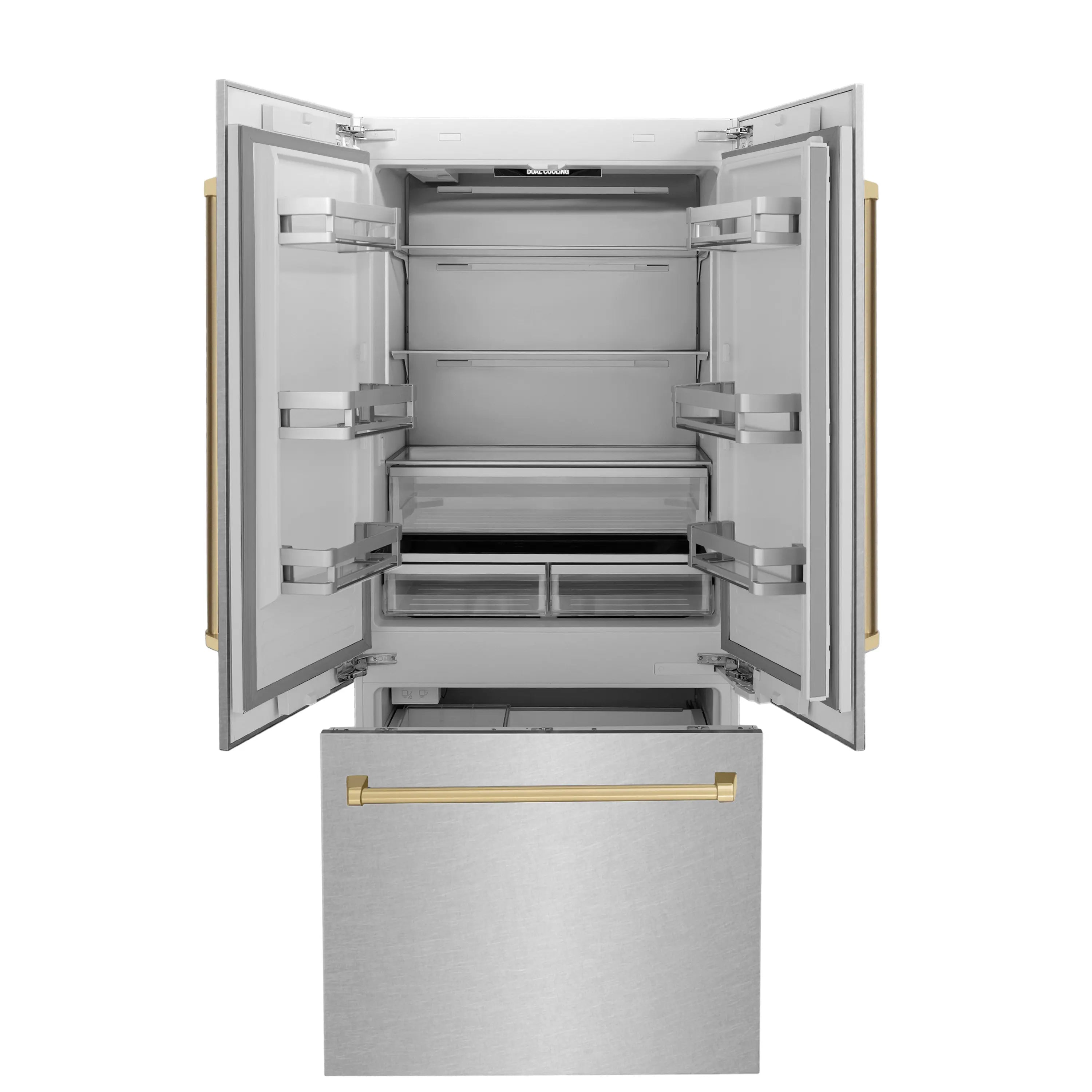 Refrigerator cutaway view showing open compartments and bottom freezer drawer