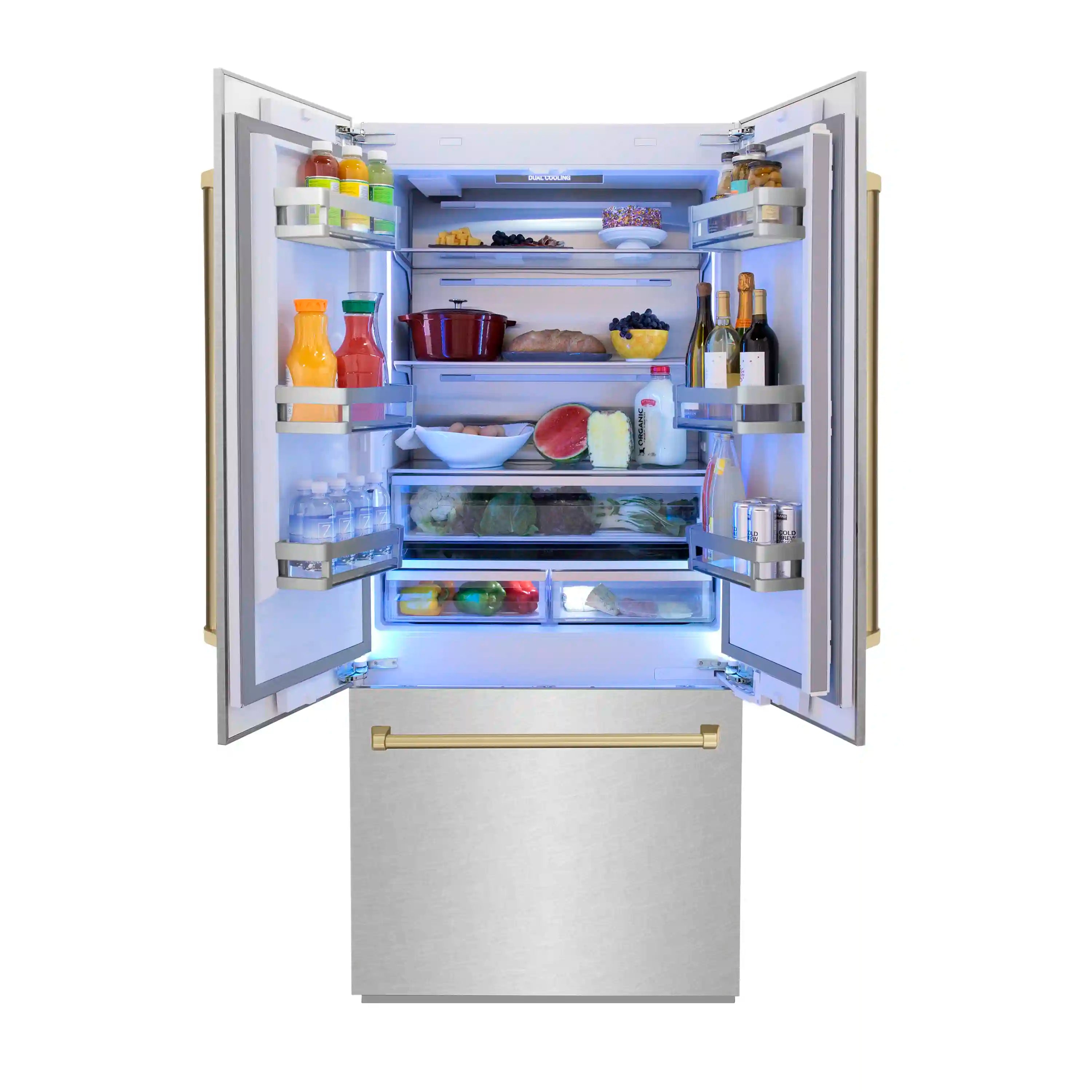 Bottom freezer refrigerator with doors open, lit shelves, and drawers