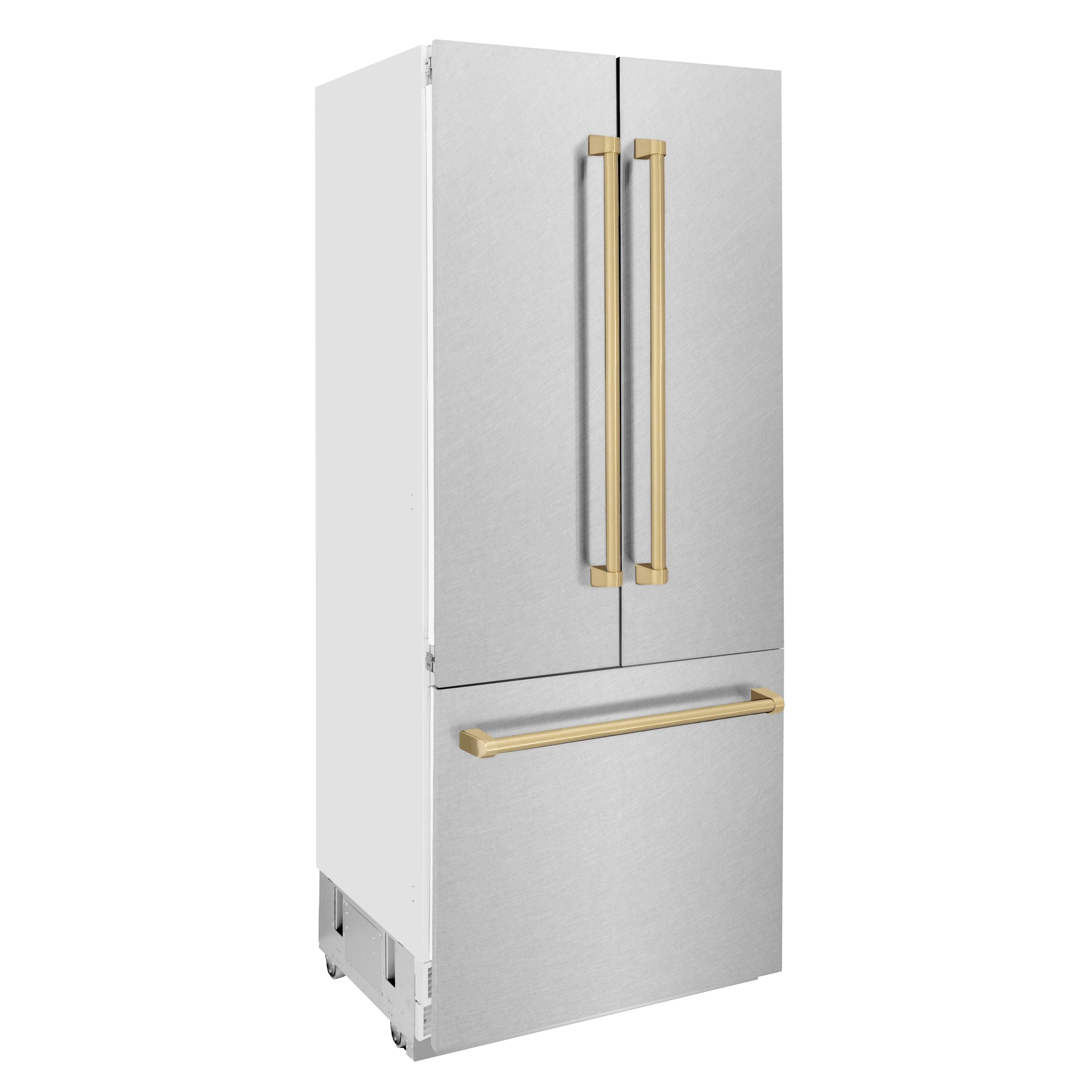 Two-door bottom freezer refrigerator with satin stainless finish and champagne bronze bar handles