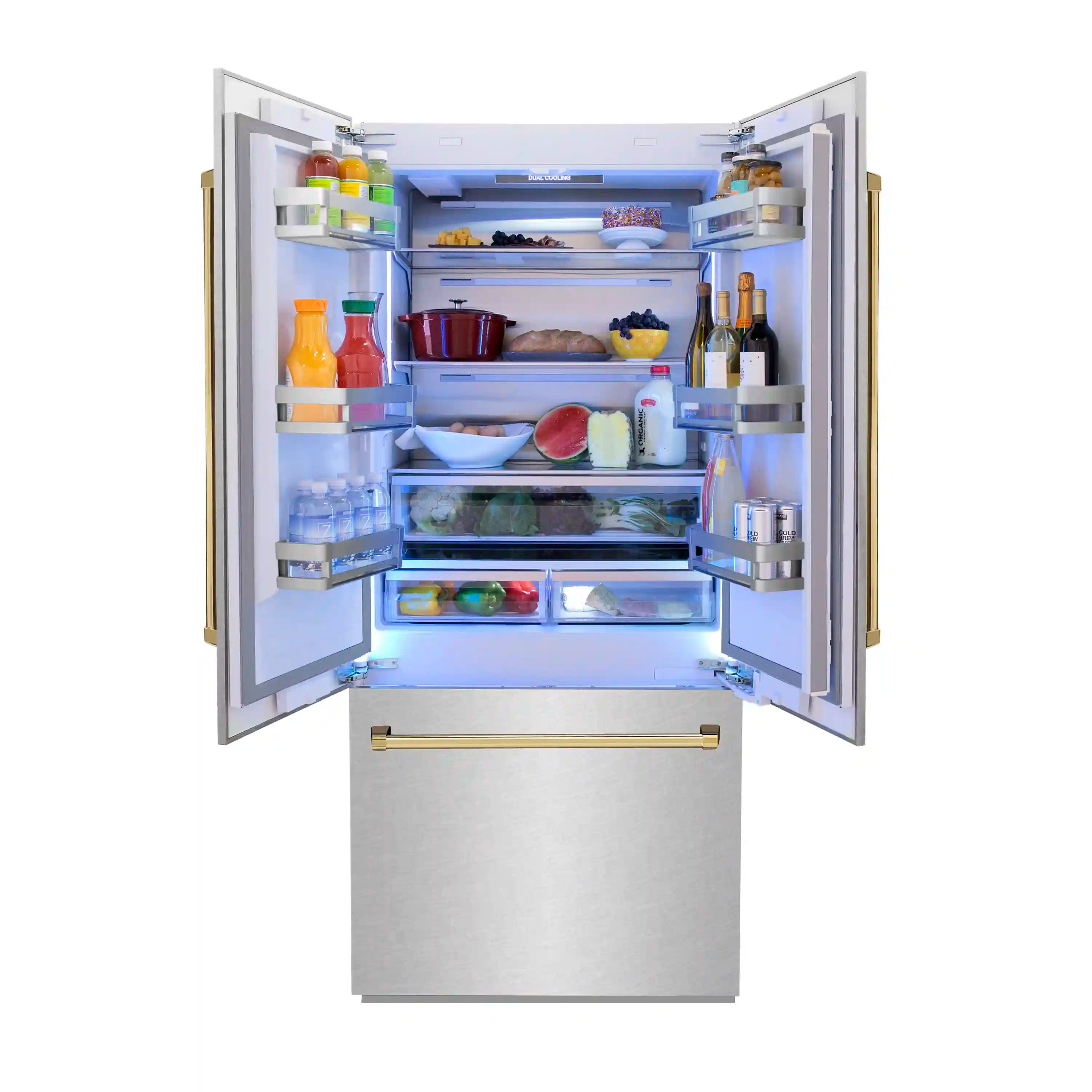 Bottom freezer refrigerator open interior with shelves, bins, and door storage