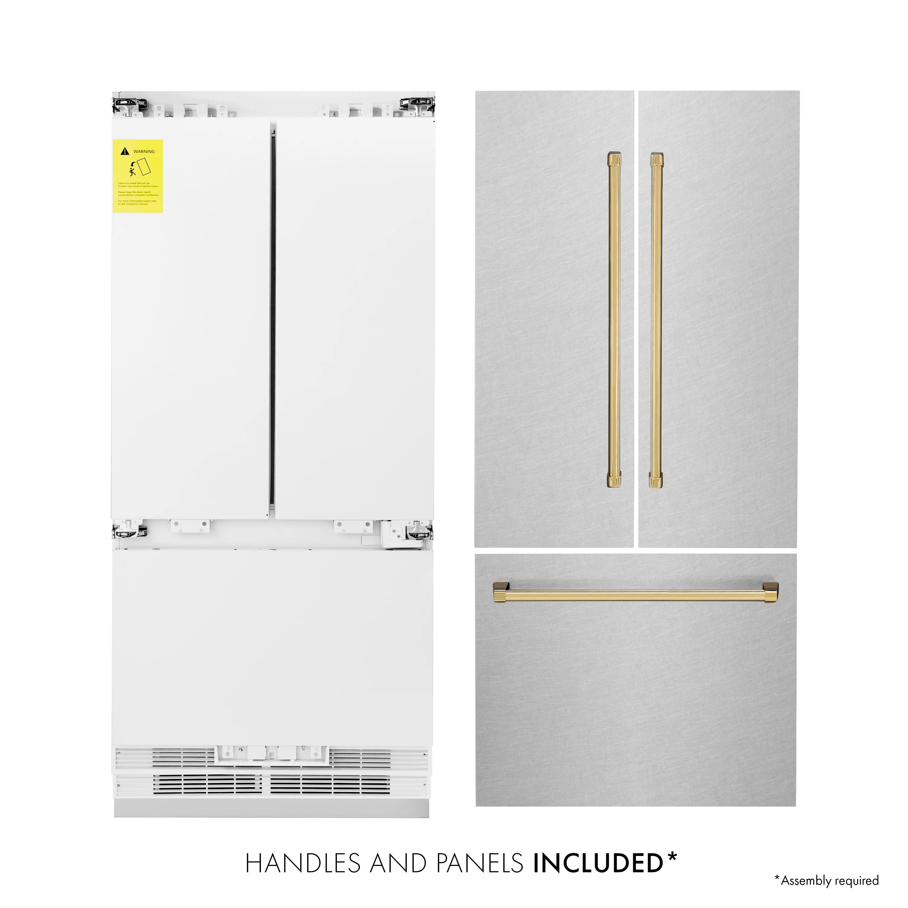 Stainless steel refrigerator with included handles and panels, showing underside access
