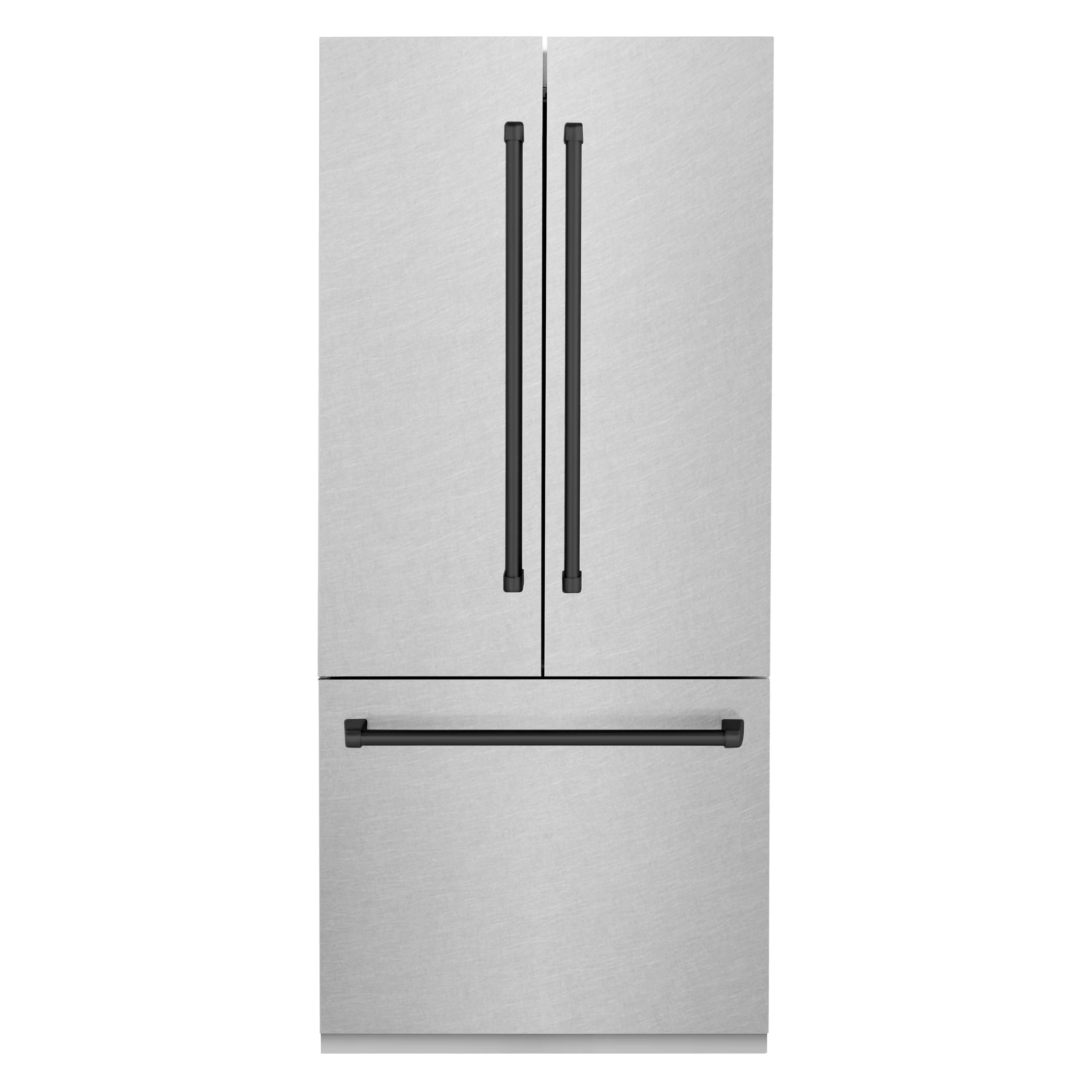 Satin stainless steel refrigerator exterior with matte black vertical and horizontal handles