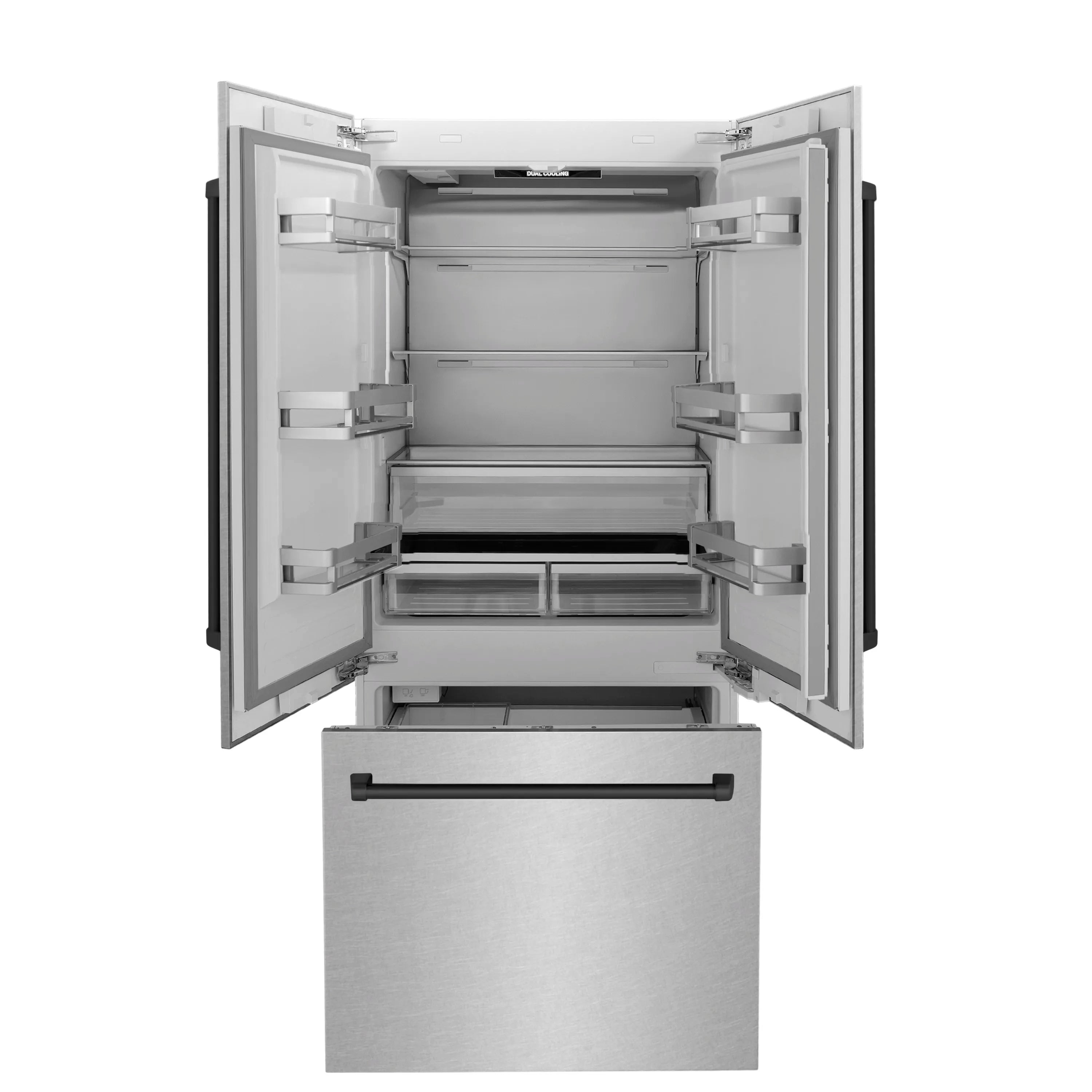 Open refrigerator with two compartments, shelves, and pull-out drawer