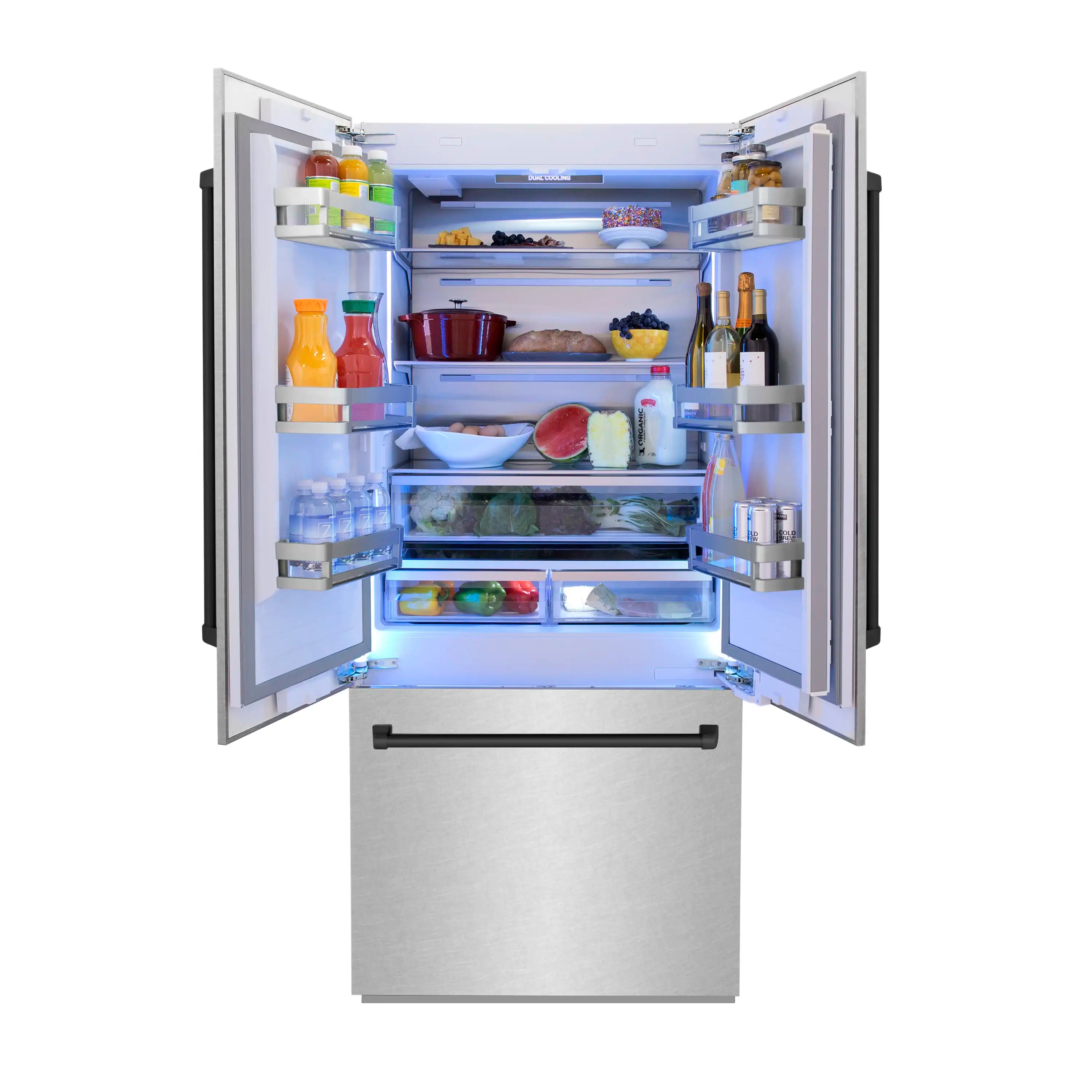 Open top fresh-food section with illuminated shelves and organized food containers