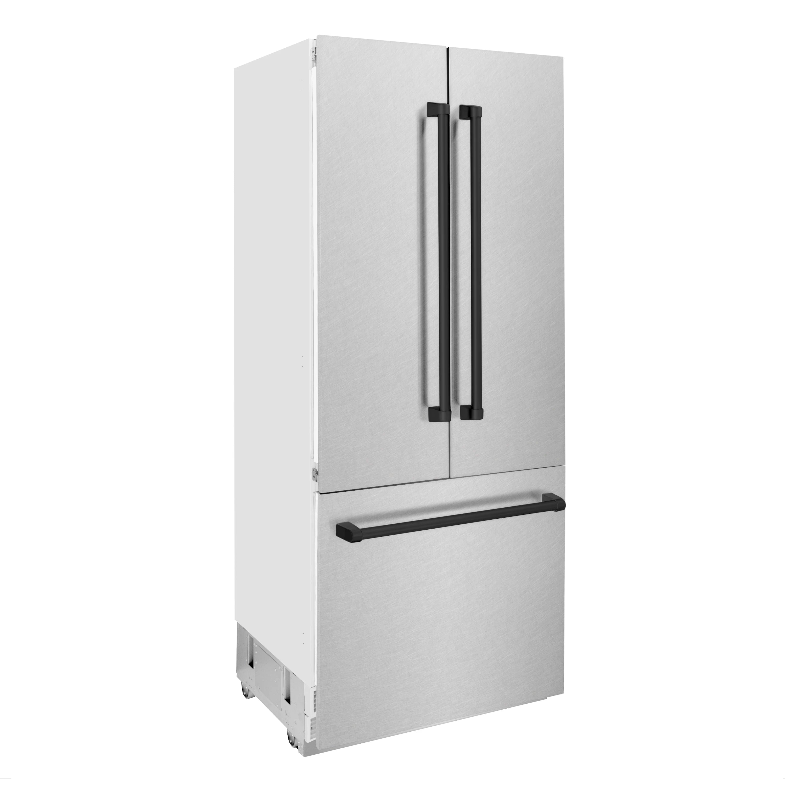 Satin stainless steel bottom freezer refrigerator with vertical matte black handles