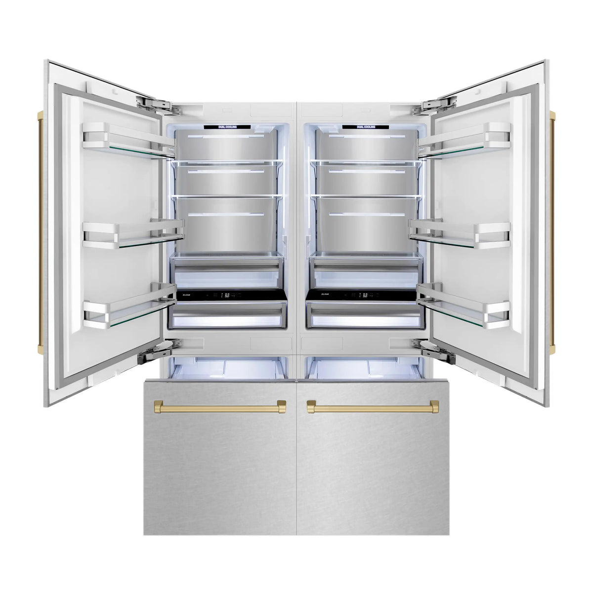 Open 4-door refrigerator showing interior shelves and champagne bronze pull handles