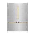 ZLINE 60-Inch Autograph Edition 32.2 cu. ft. Built-in 4-Door French Door Refrigerator with Internal Water and Ice Dispenser in Fingerprint Resistant Stainless Steel with Gold Accents (RBIVZ-SN-60-G)