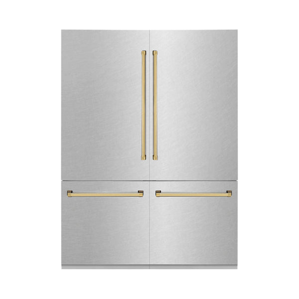 ZLINE 60-Inch Autograph Edition 32.2 cu. ft. Built-in 4-Door French Door Refrigerator with Internal Water and Ice Dispenser in Fingerprint Resistant Stainless Steel with Gold Accents (RBIVZ-SN-60-G)