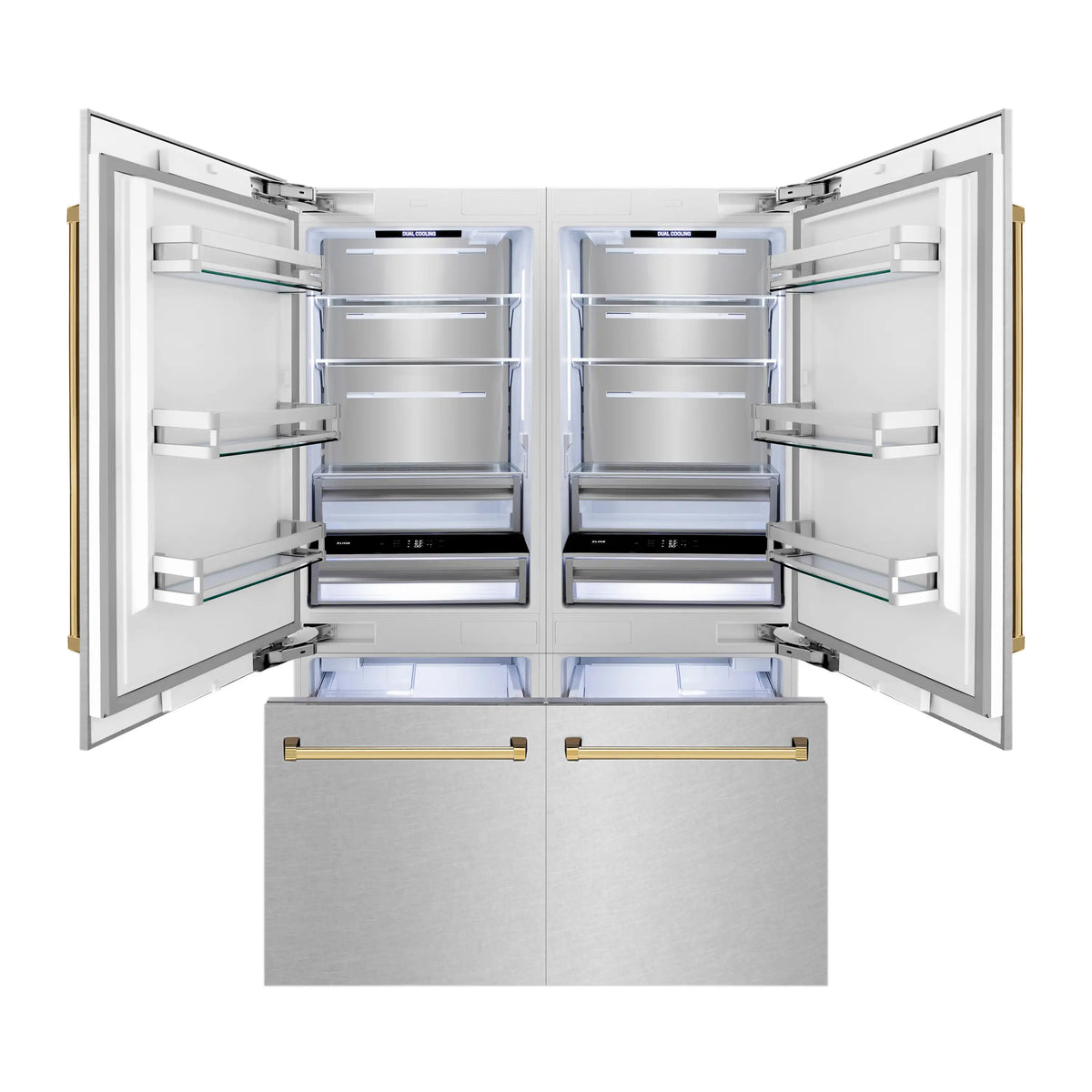 French door refrigerator open interior with drawers and gold handle bars